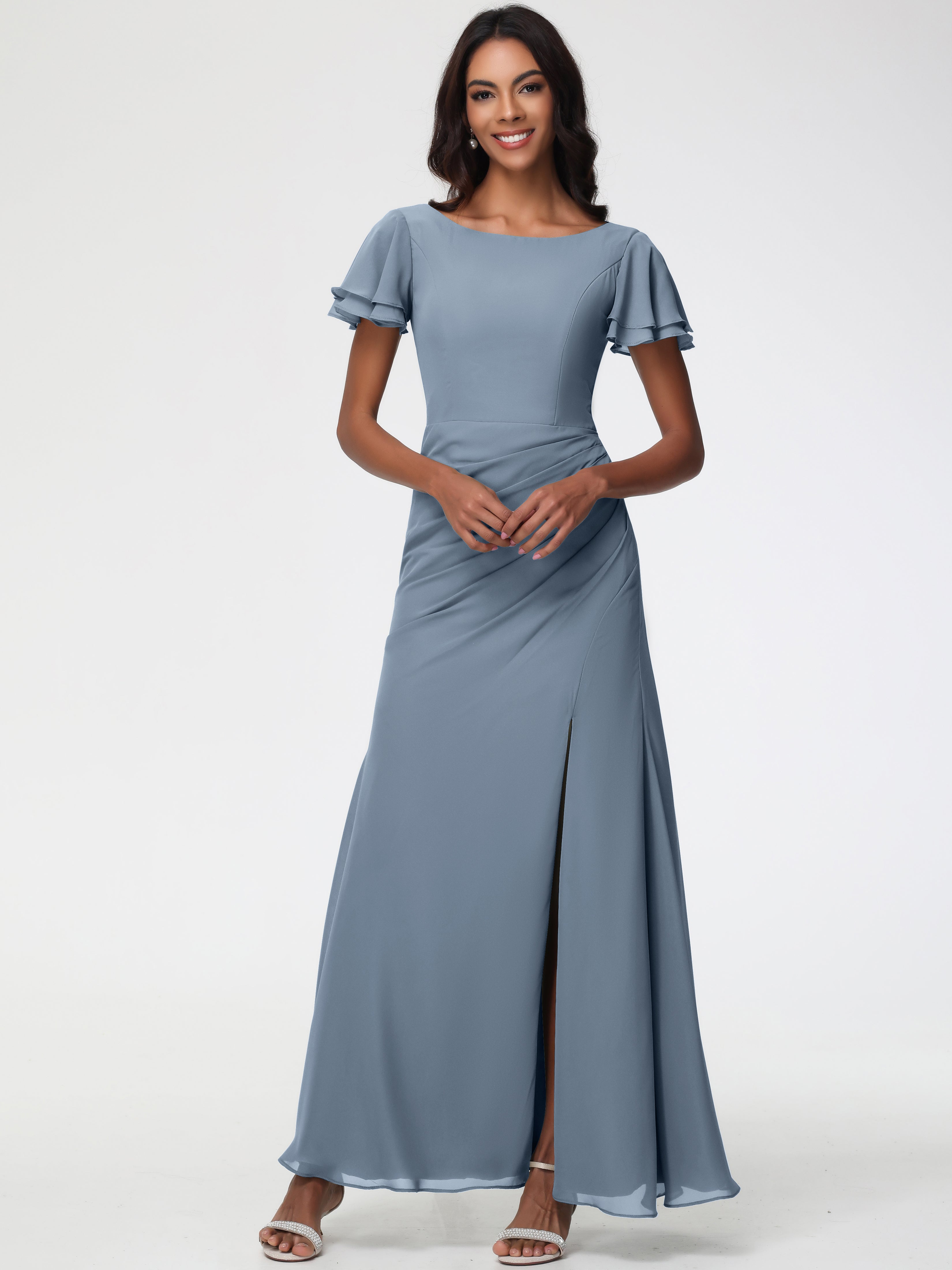 Sheath/Column Short Sleeves Split Long Chiffon Bridesmaid Dresses