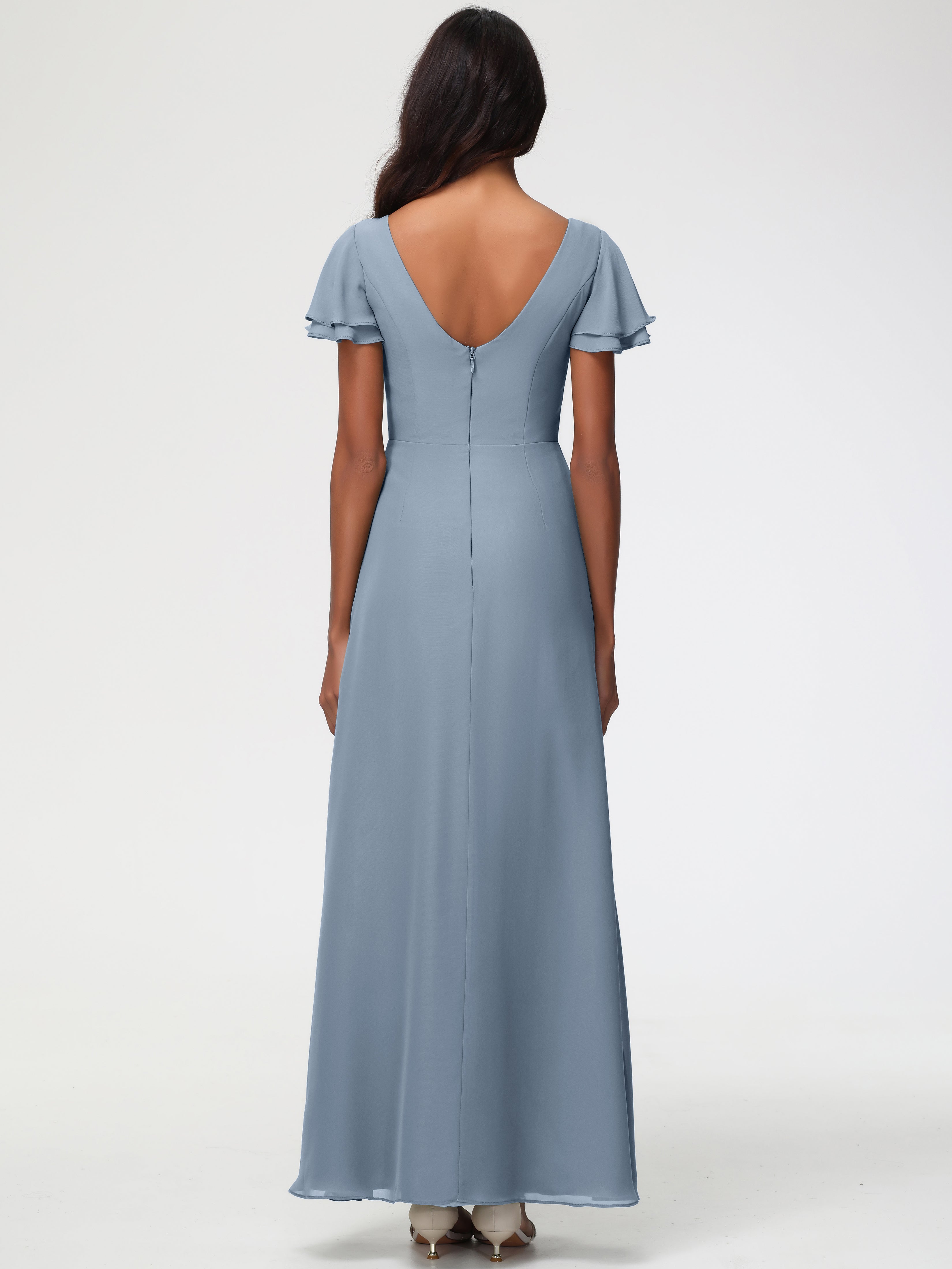 Sheath/Column Short Sleeves Split Long Chiffon Bridesmaid Dresses