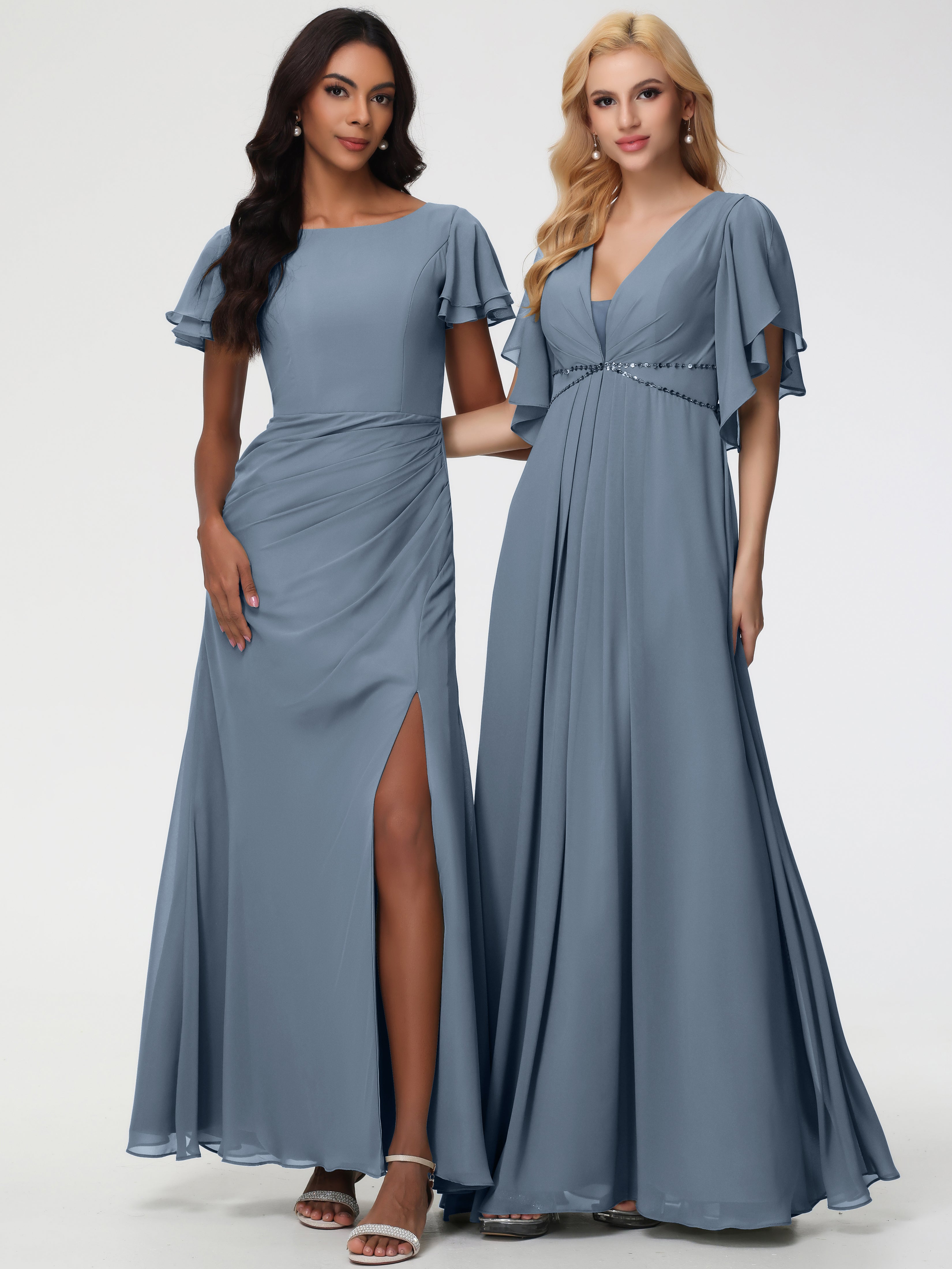 Sheath/Column Short Sleeves Split Long Chiffon Bridesmaid Dresses