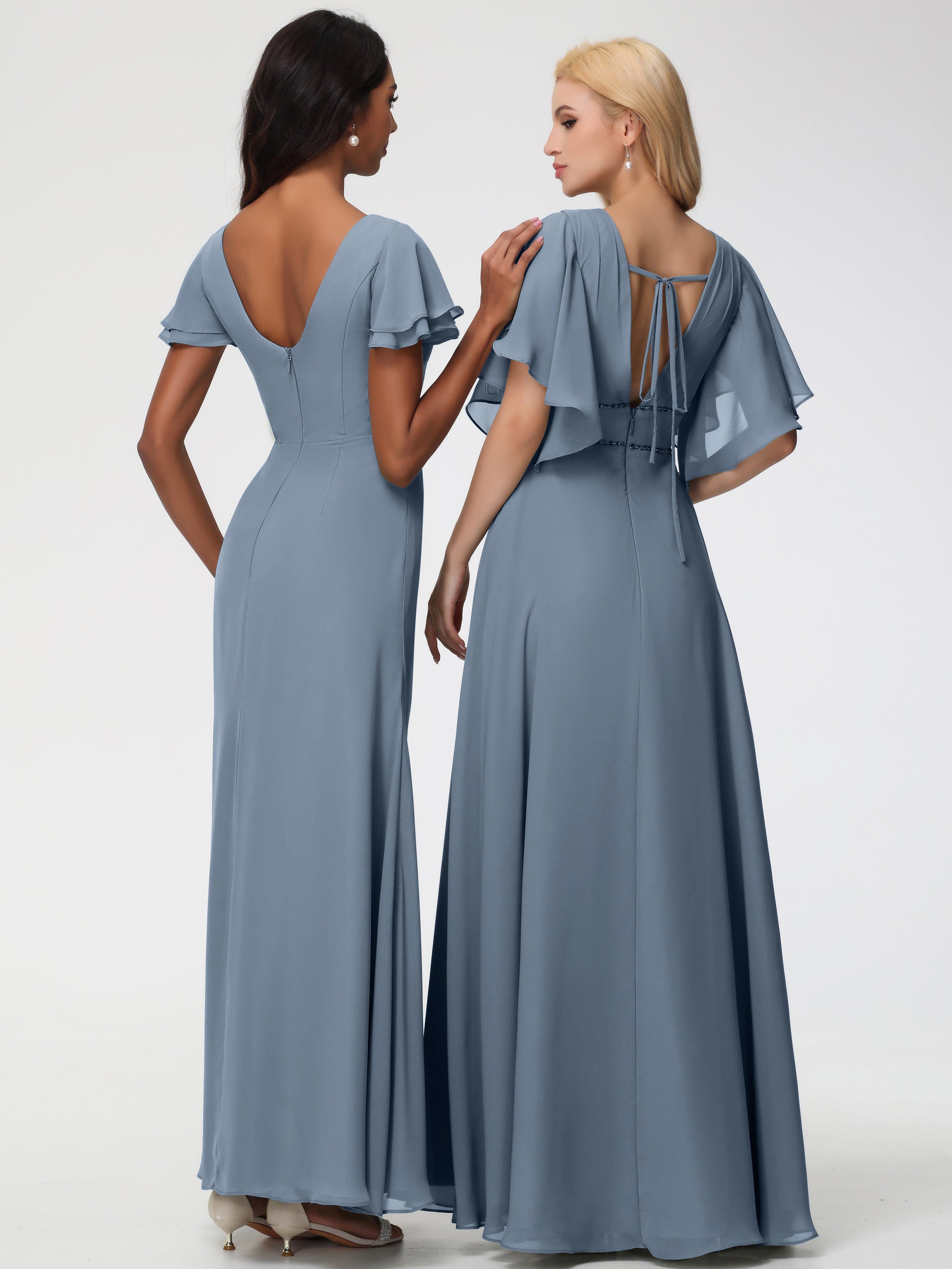 Sheath/Column Short Sleeves Split Long Chiffon Bridesmaid Dresses