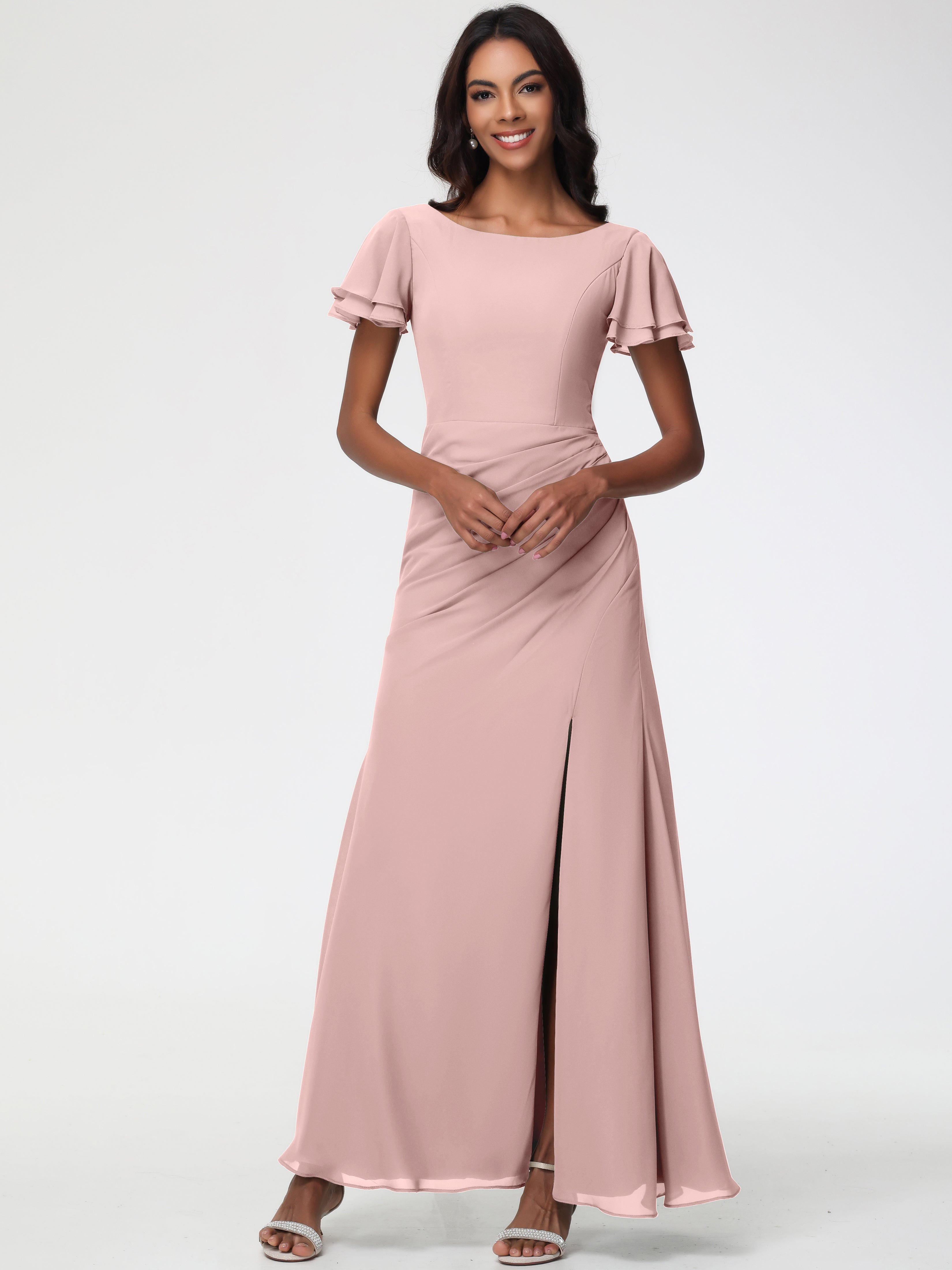 Sheath/Column Short Sleeves Split Long Chiffon Bridesmaid Dresses