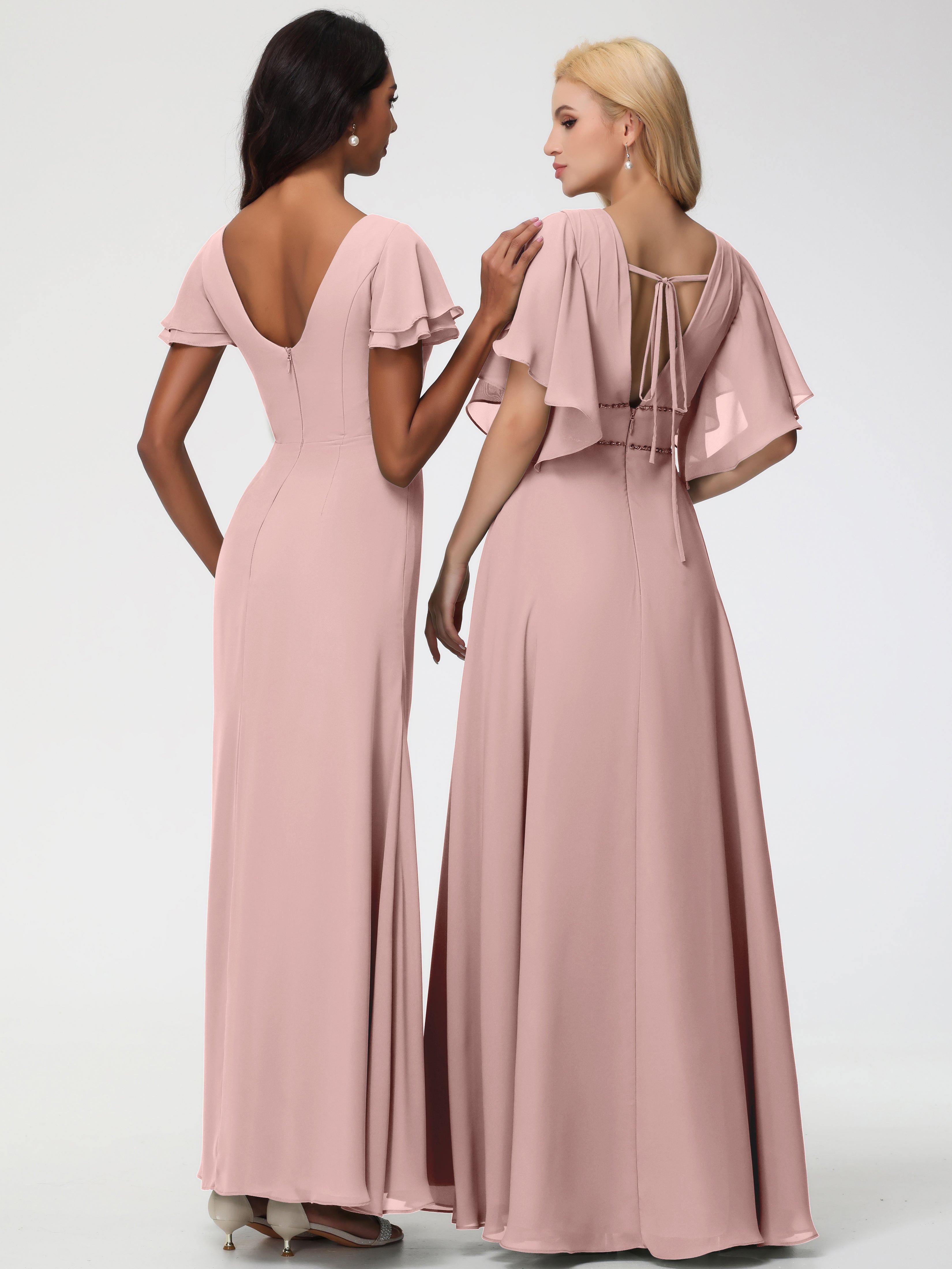 Sheath/Column Short Sleeves Split Long Chiffon Bridesmaid Dresses