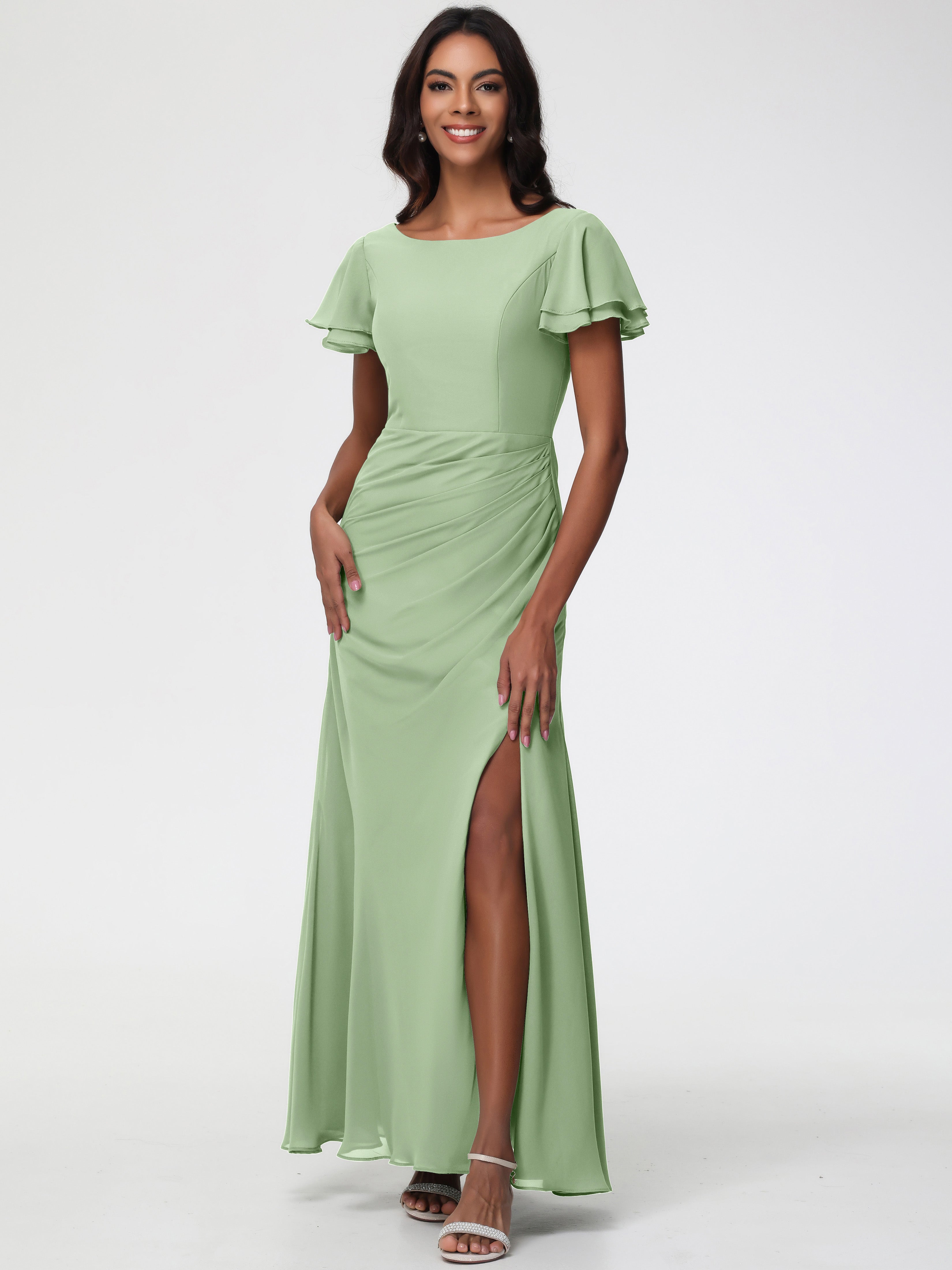 Sheath/Column Short Sleeves Split Long Chiffon Bridesmaid Dresses
