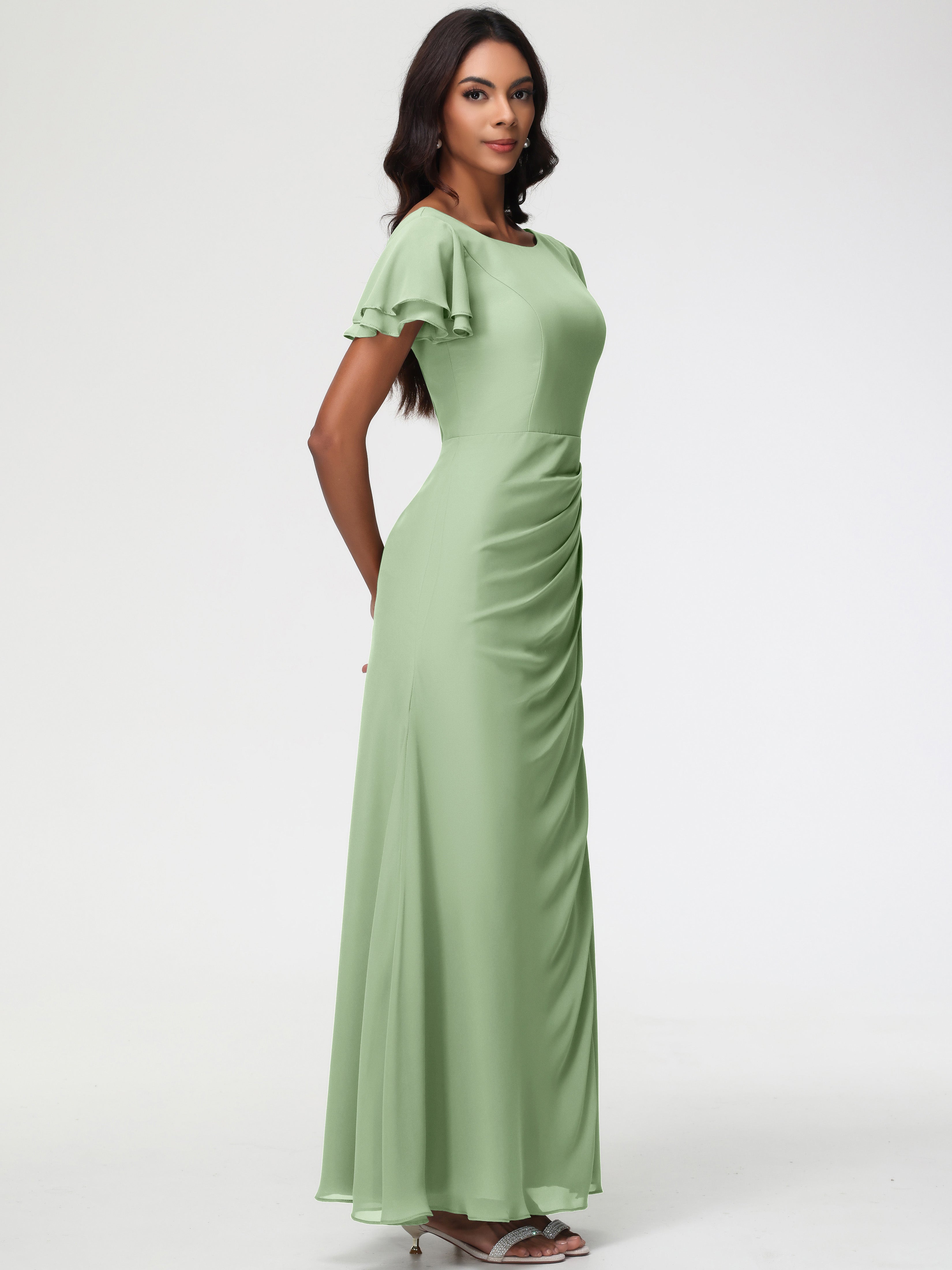 Sheath/Column Short Sleeves Split Long Chiffon Bridesmaid Dresses
