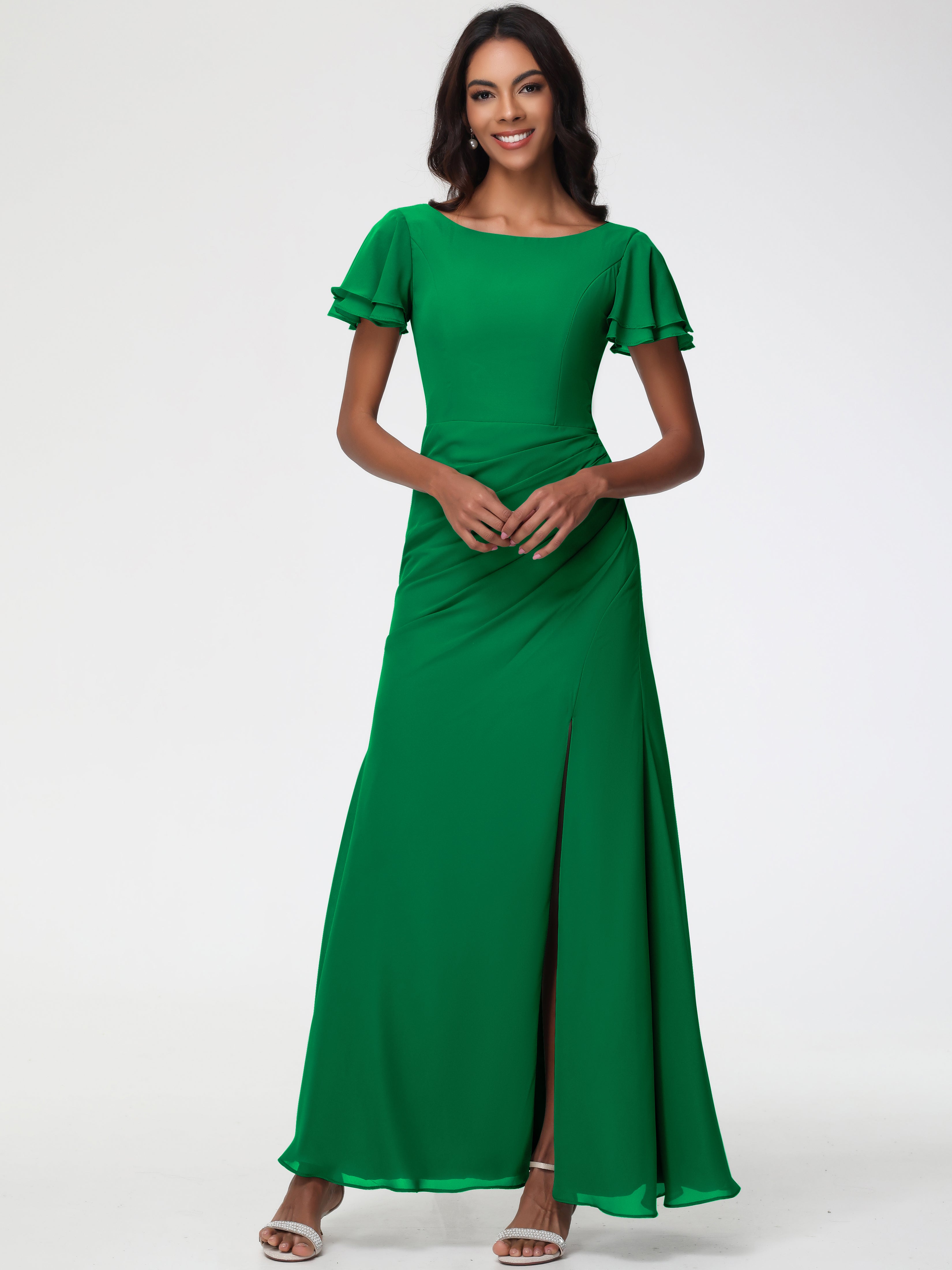 Sheath/Column Short Sleeves Split Long Chiffon Bridesmaid Dresses