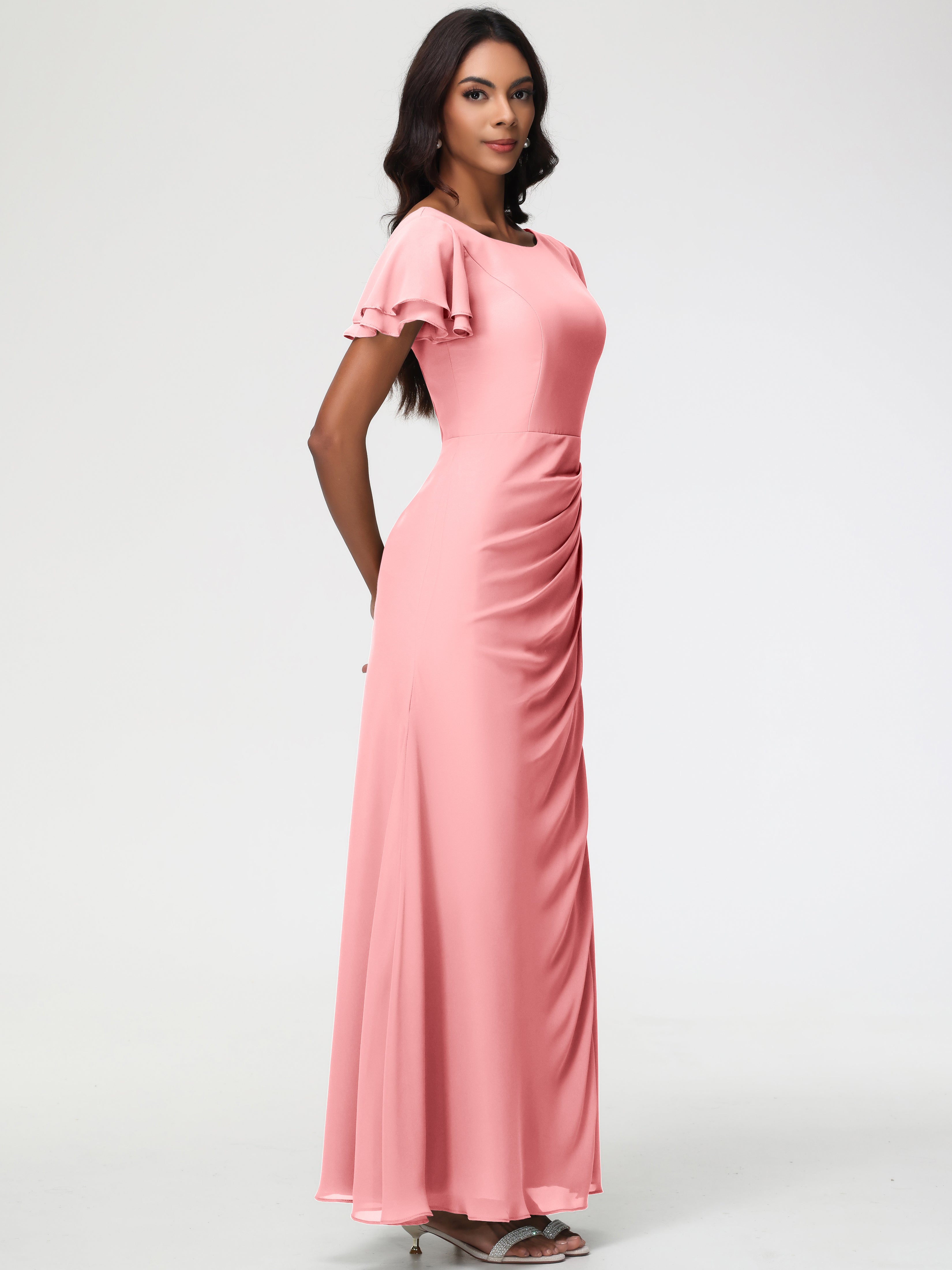Sheath/Column Short Sleeves Split Long Chiffon Bridesmaid Dresses