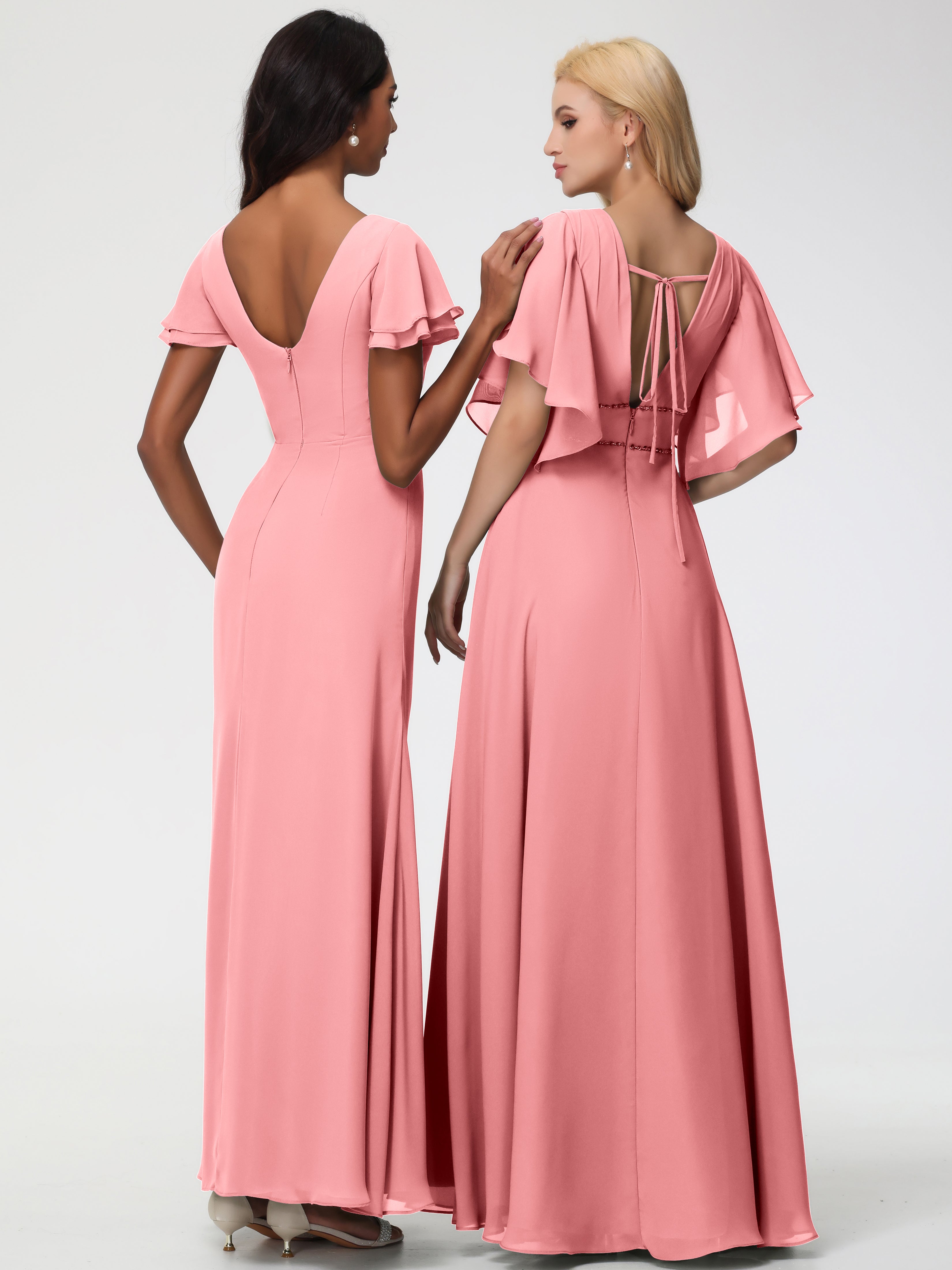 Sheath/Column Short Sleeves Split Long Chiffon Bridesmaid Dresses