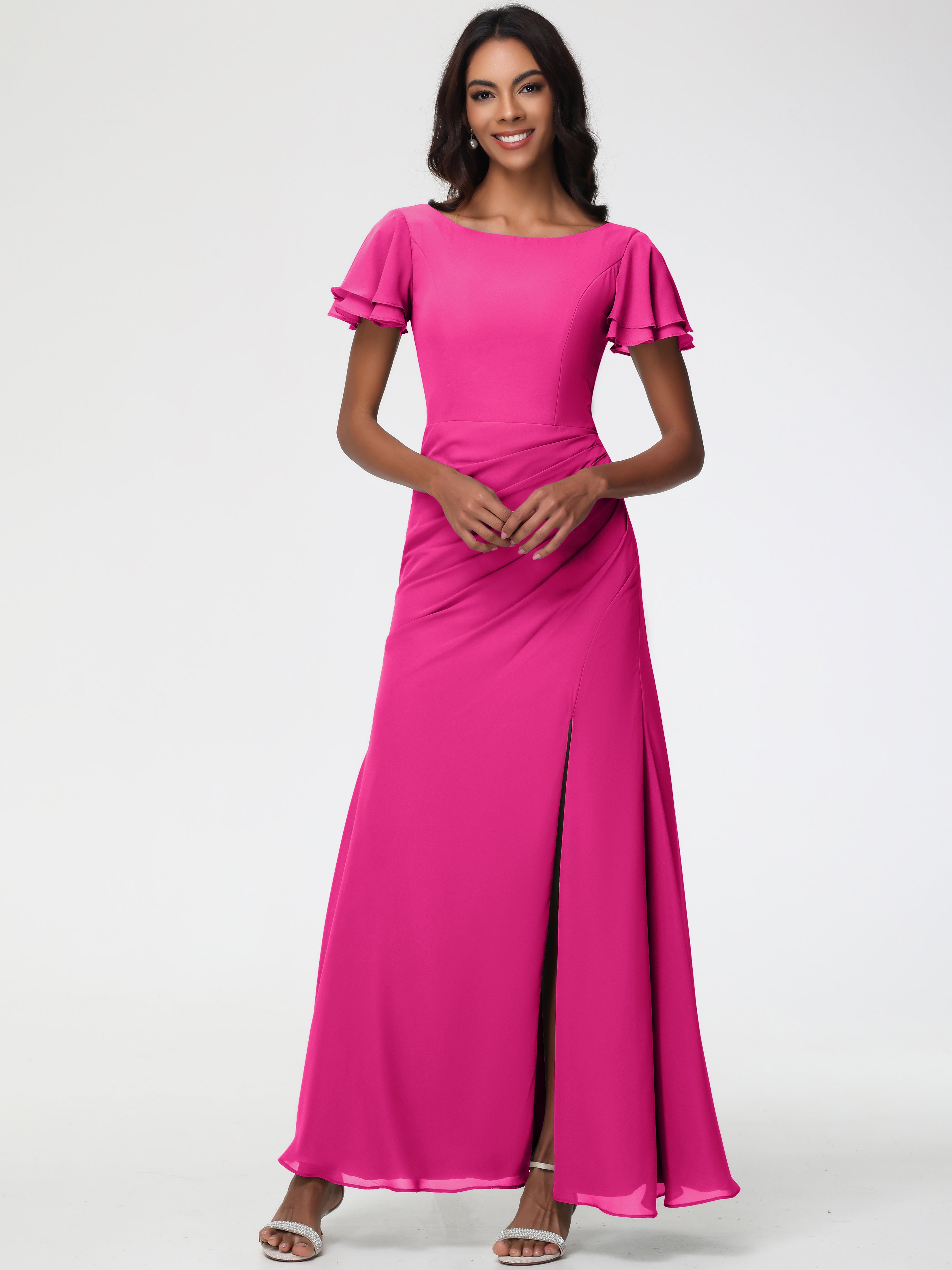 Sheath/Column Short Sleeves Split Long Chiffon Bridesmaid Dresses