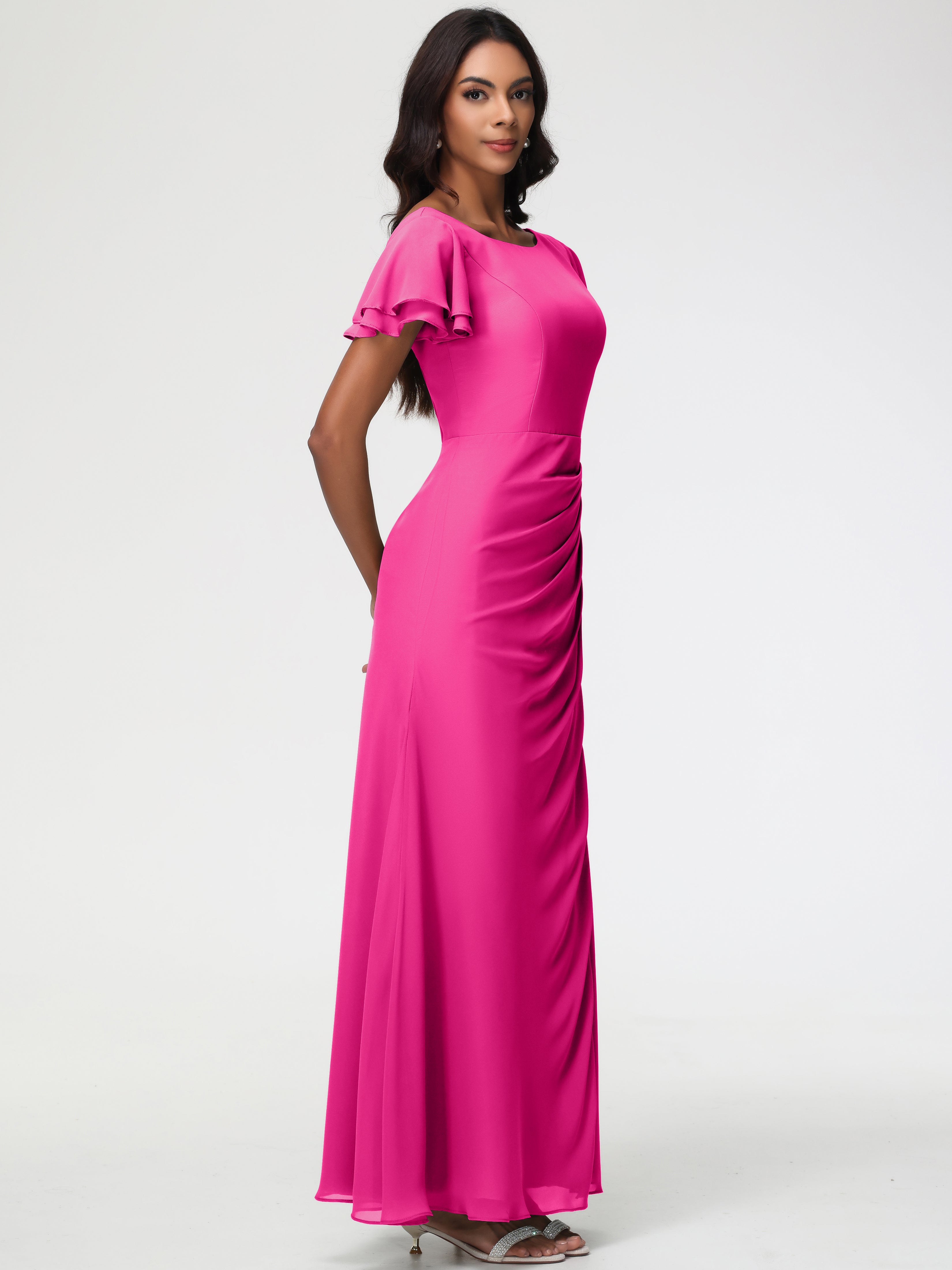 Sheath/Column Short Sleeves Split Long Chiffon Bridesmaid Dresses