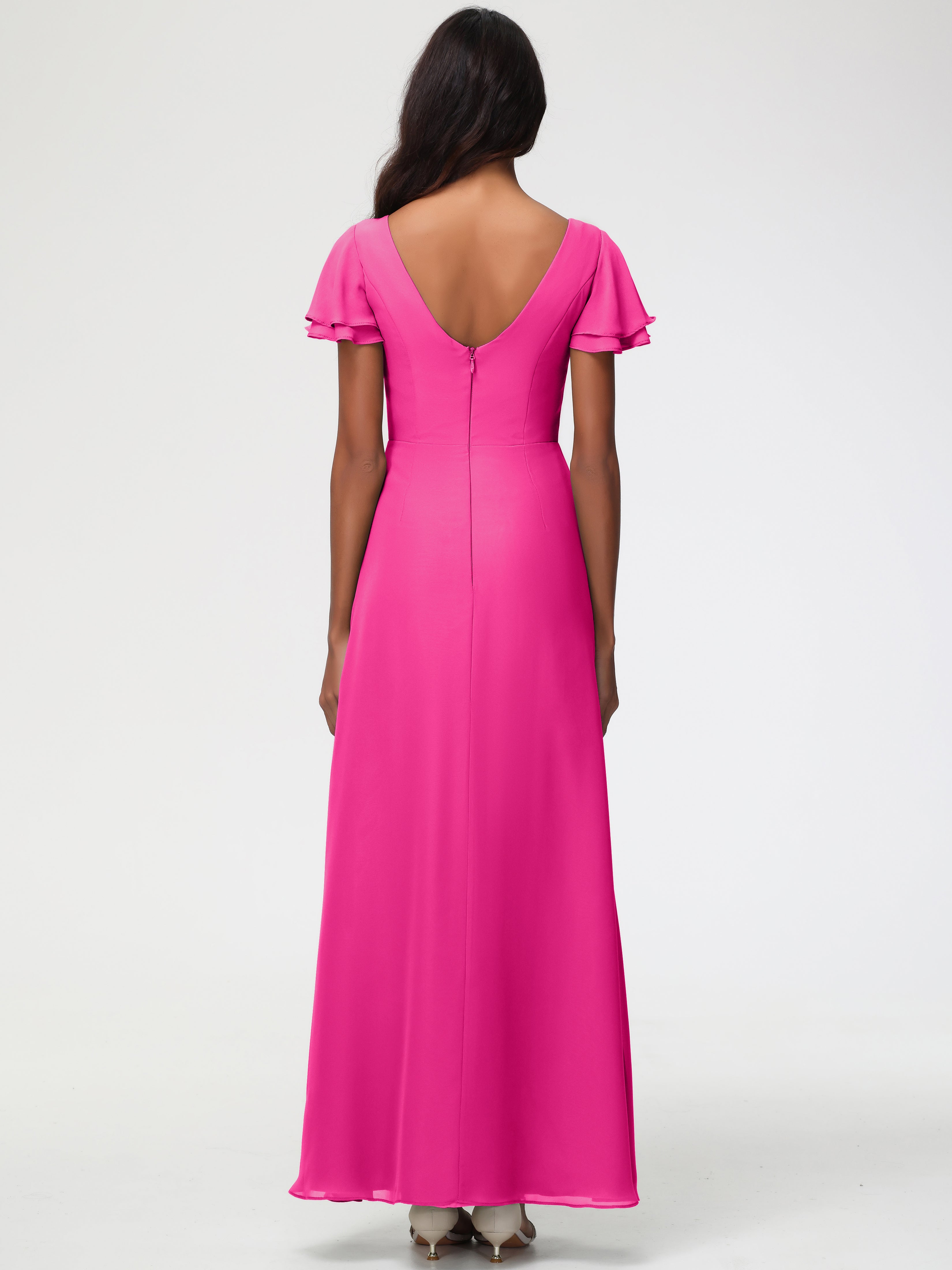 Sheath/Column Short Sleeves Split Long Chiffon Bridesmaid Dresses