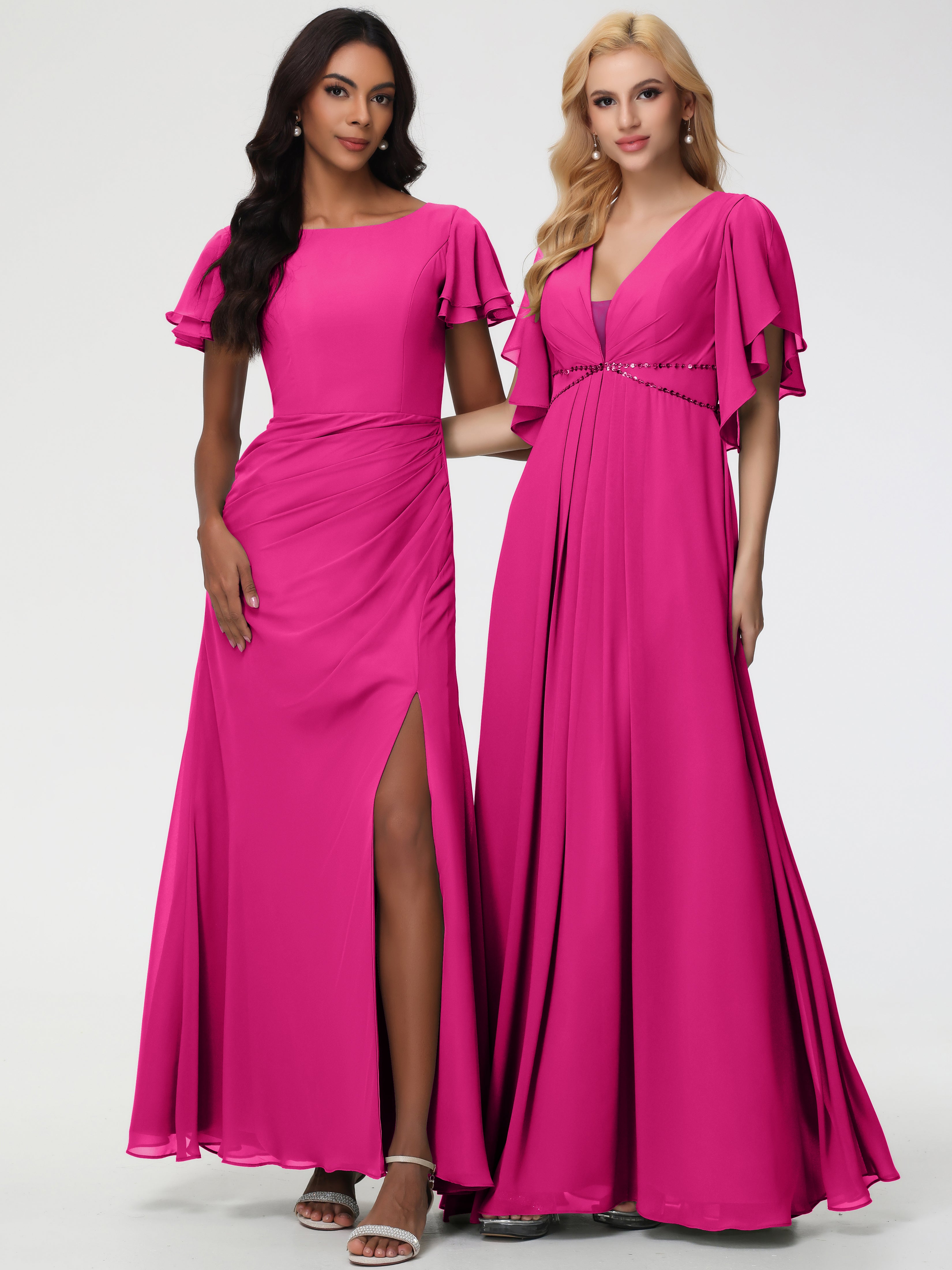 Sheath/Column Short Sleeves Split Long Chiffon Bridesmaid Dresses