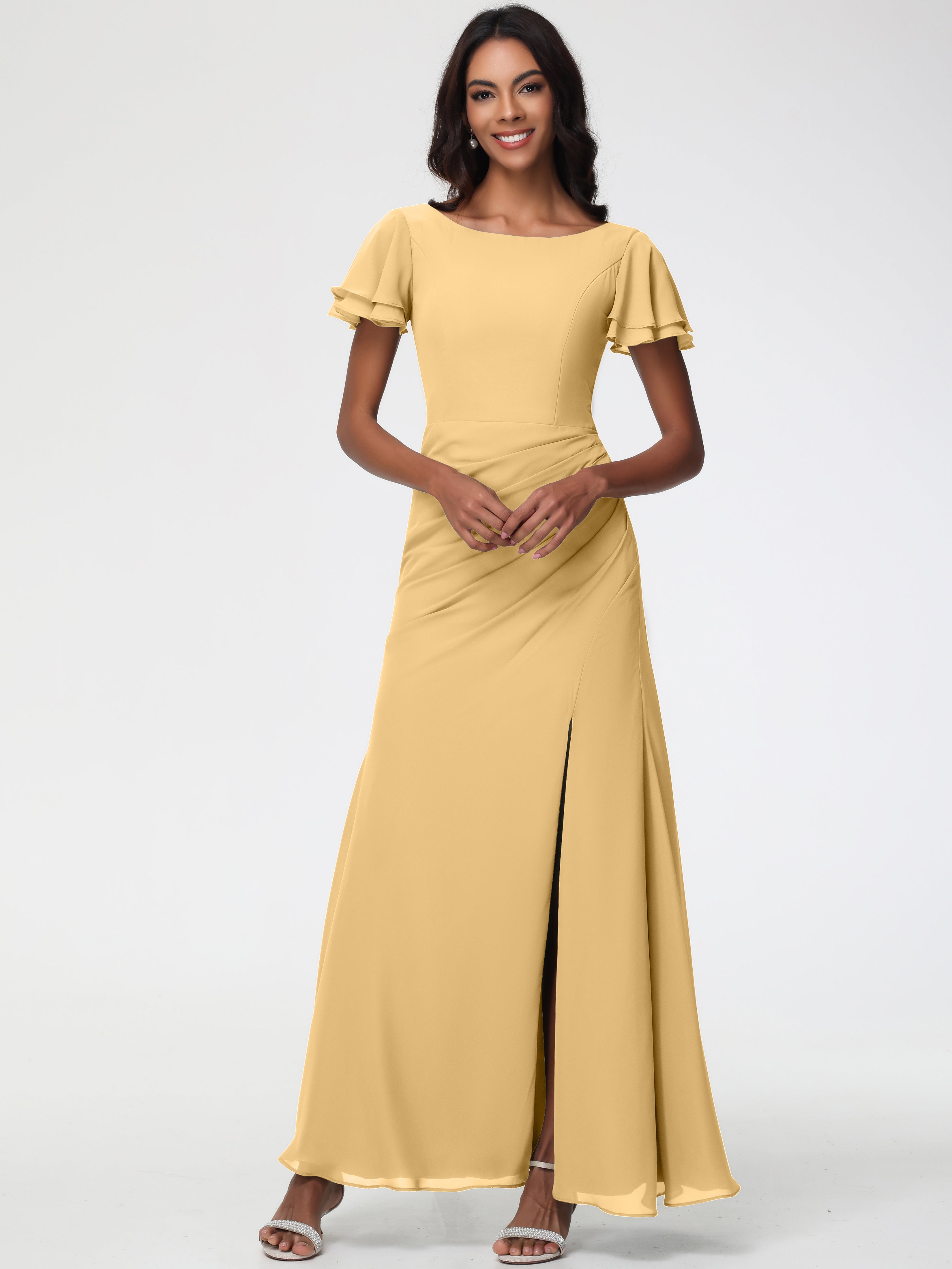 Sheath/Column Short Sleeves Split Long Chiffon Bridesmaid Dresses