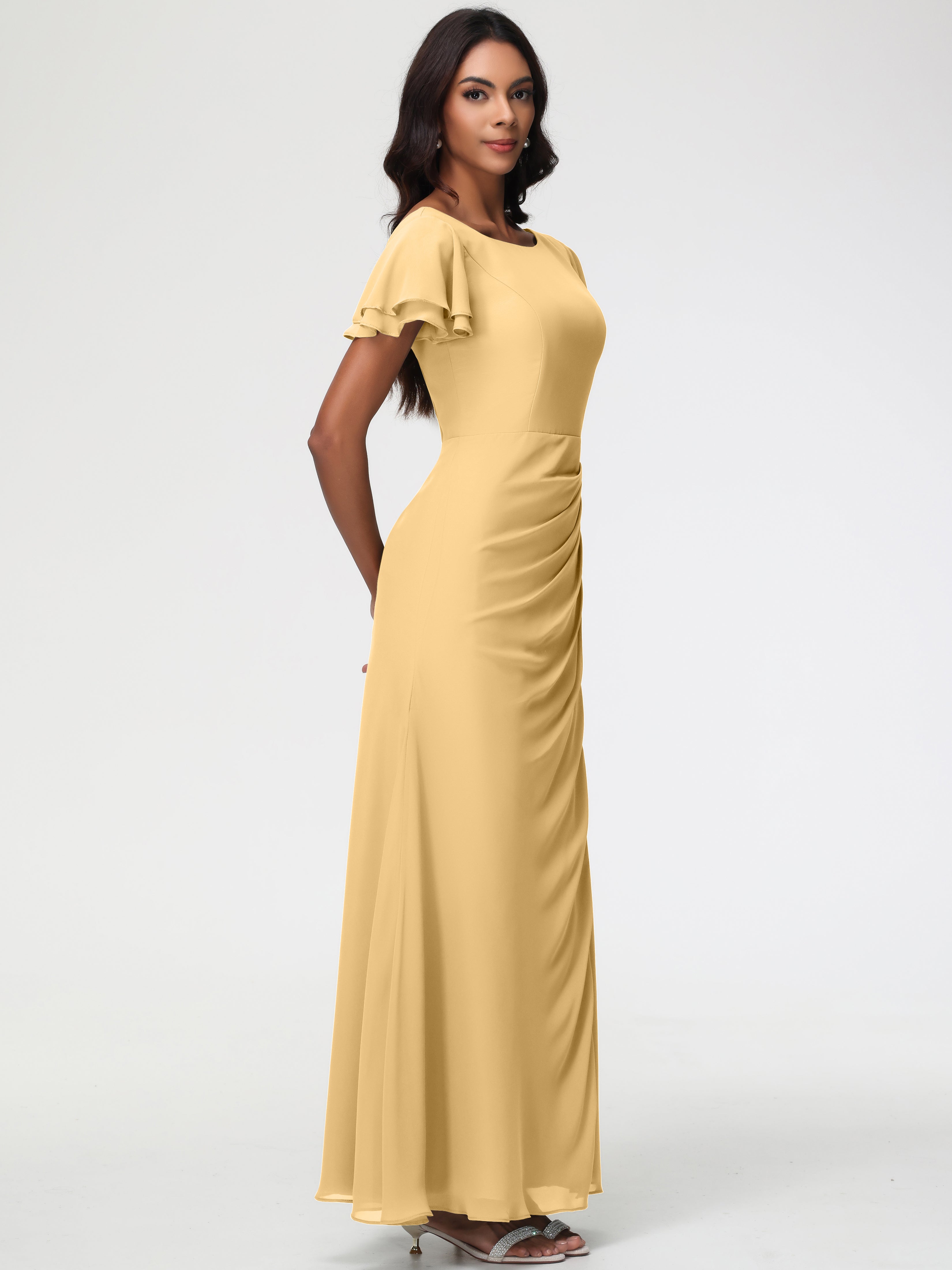 Sheath/Column Short Sleeves Split Long Chiffon Bridesmaid Dresses