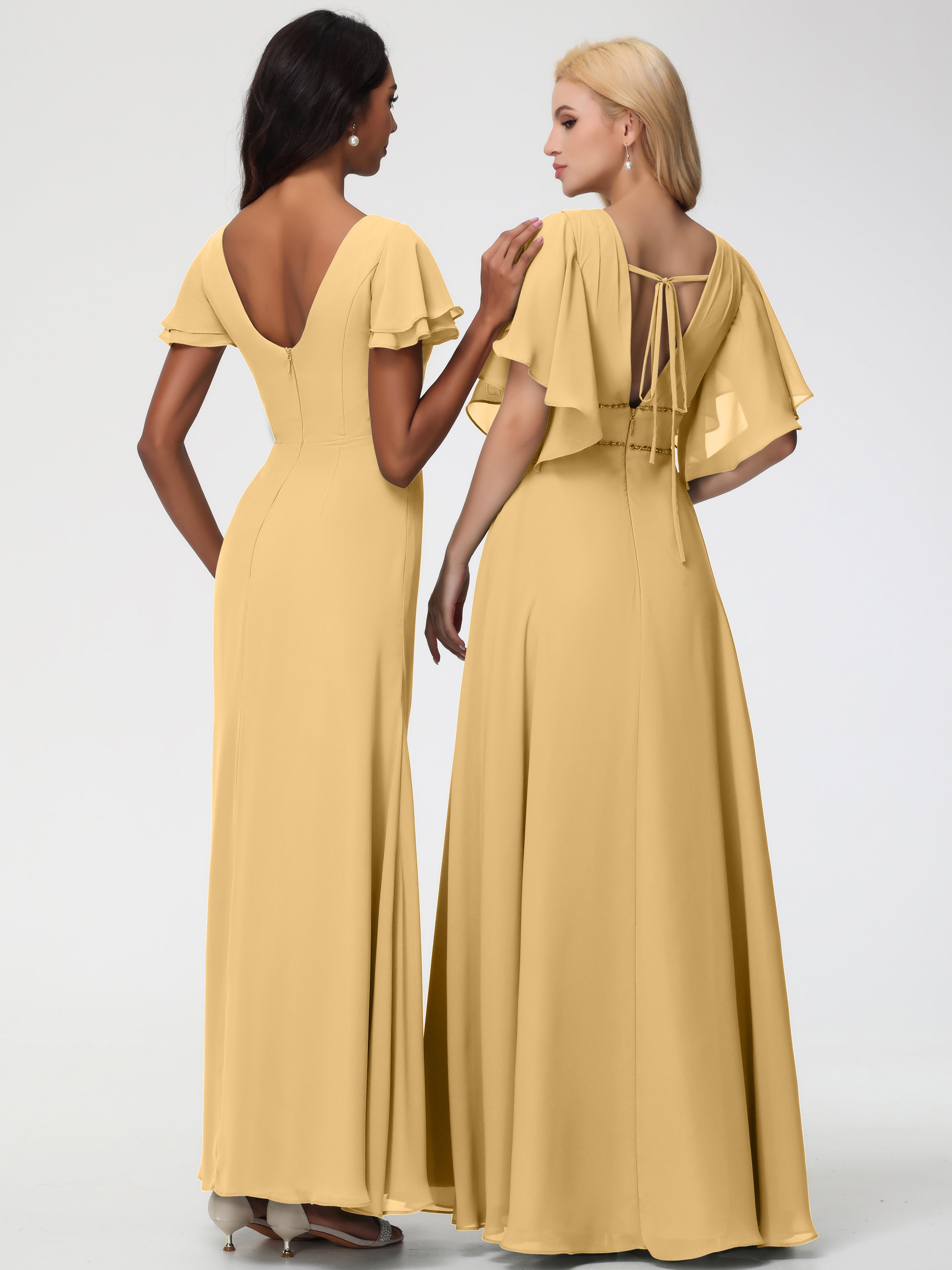 Sheath/Column Short Sleeves Split Long Chiffon Bridesmaid Dresses