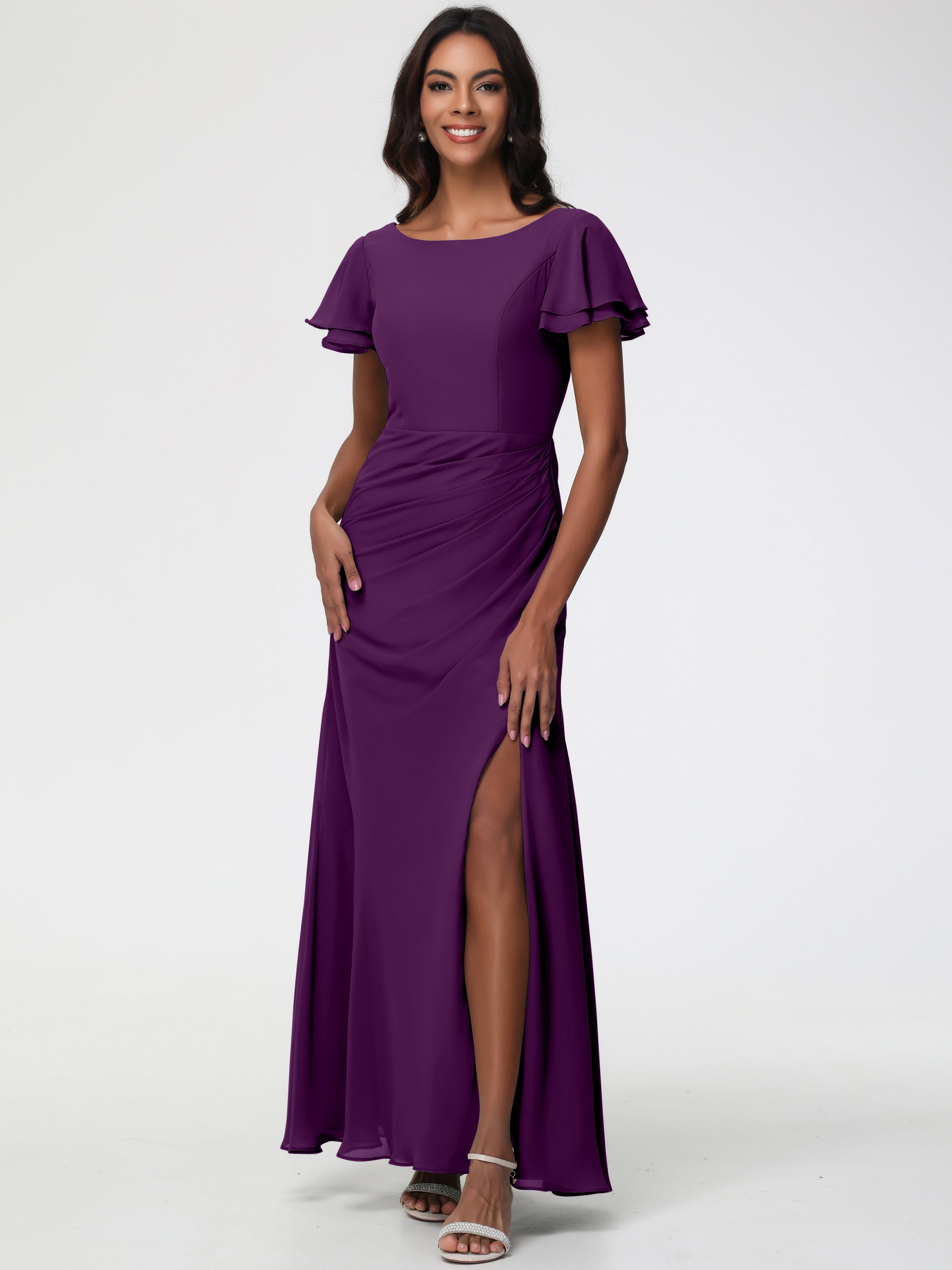 Sheath/Column Short Sleeves Split Long Chiffon Bridesmaid Dresses