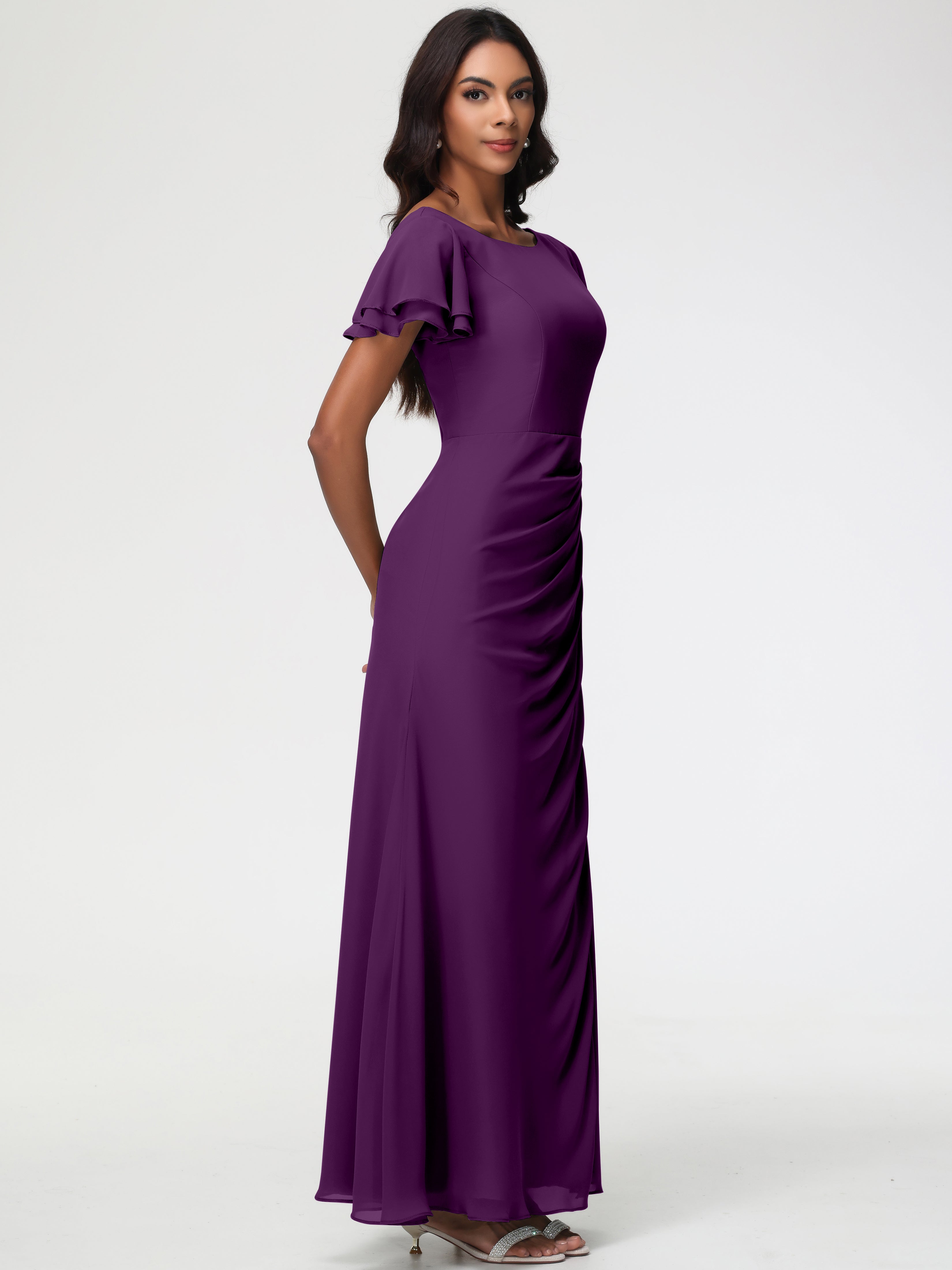 Sheath/Column Short Sleeves Split Long Chiffon Bridesmaid Dresses