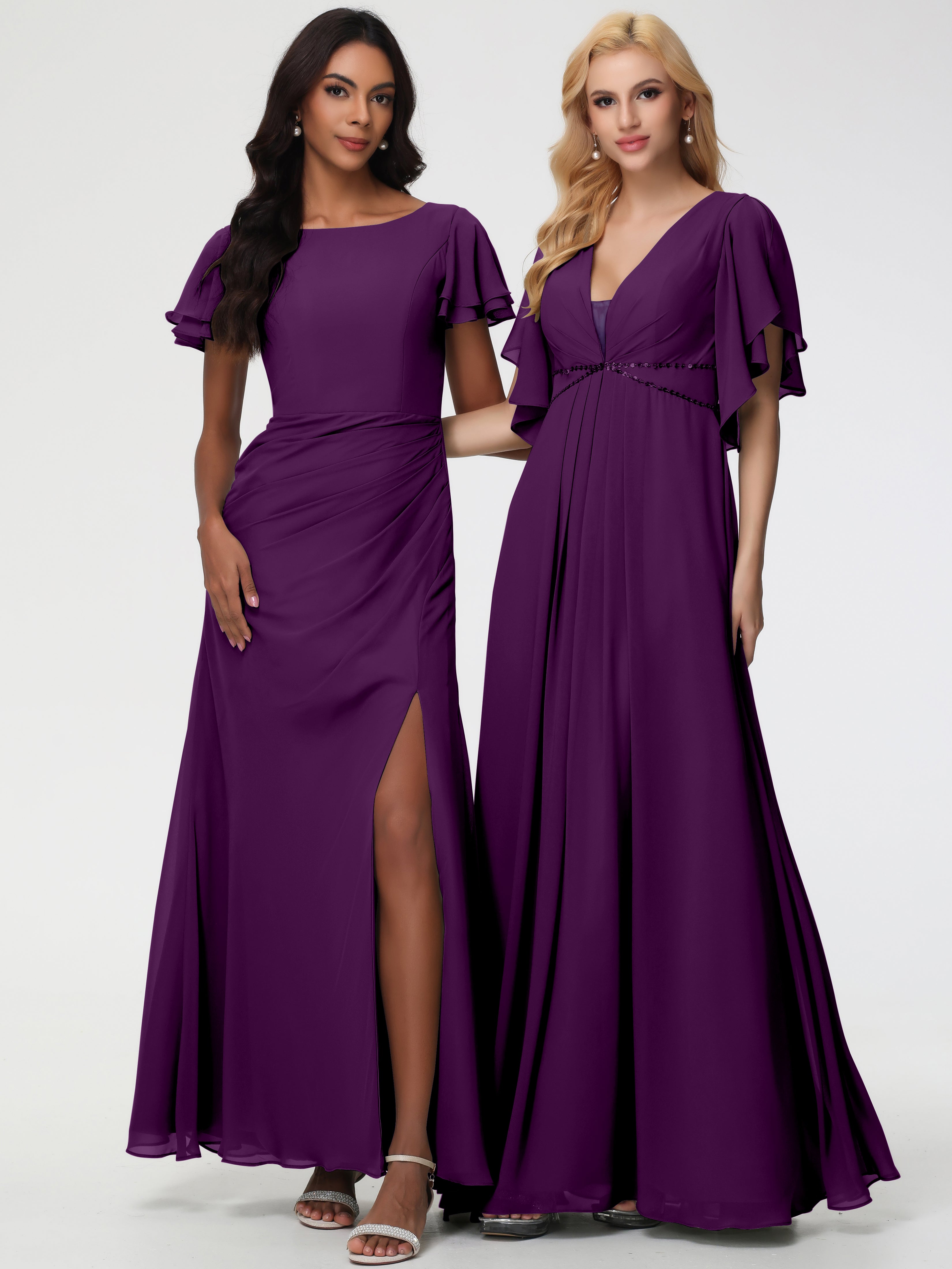 Sheath/Column Short Sleeves Split Long Chiffon Bridesmaid Dresses