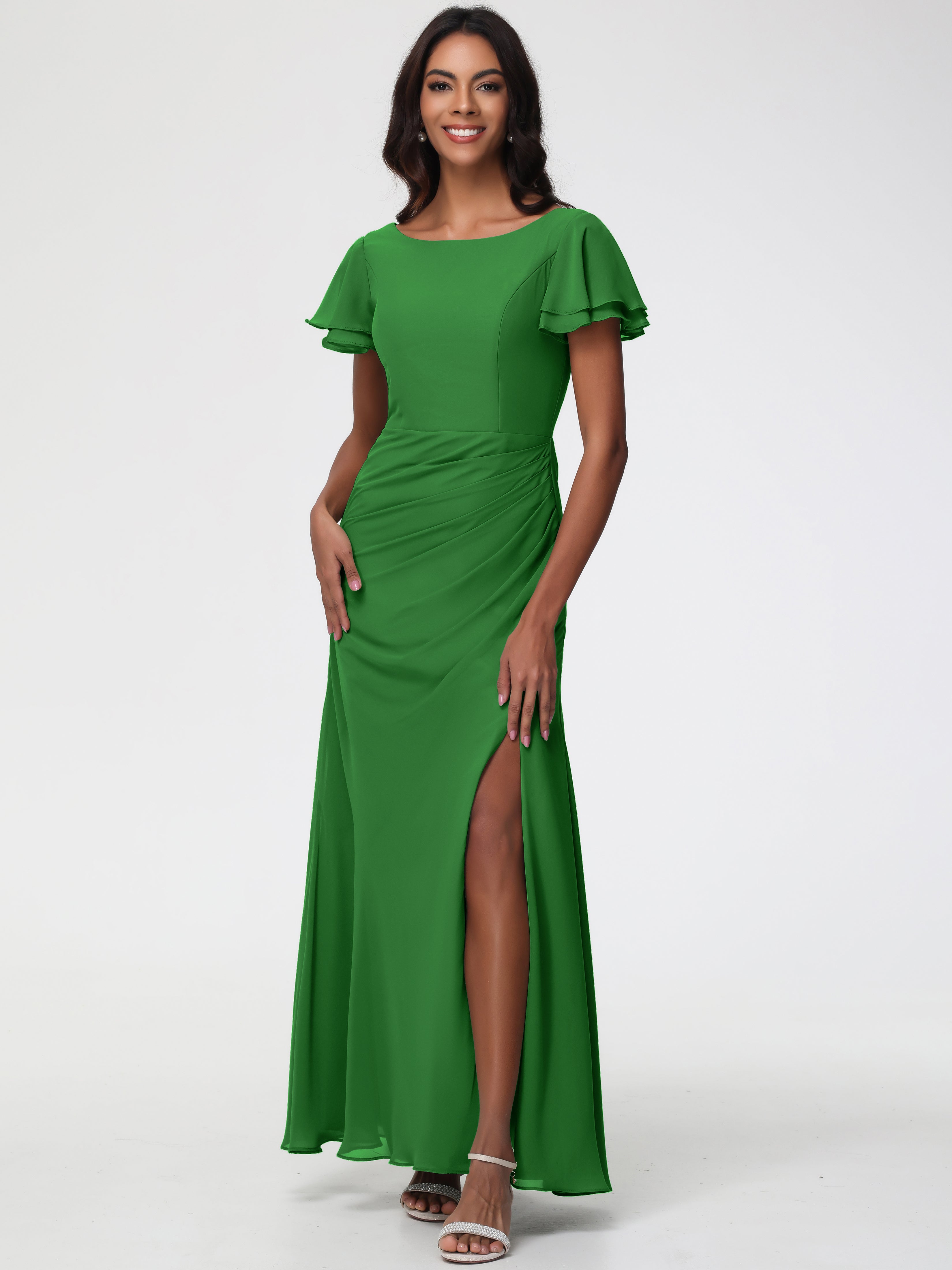 Sheath/Column Short Sleeves Split Long Chiffon Bridesmaid Dresses