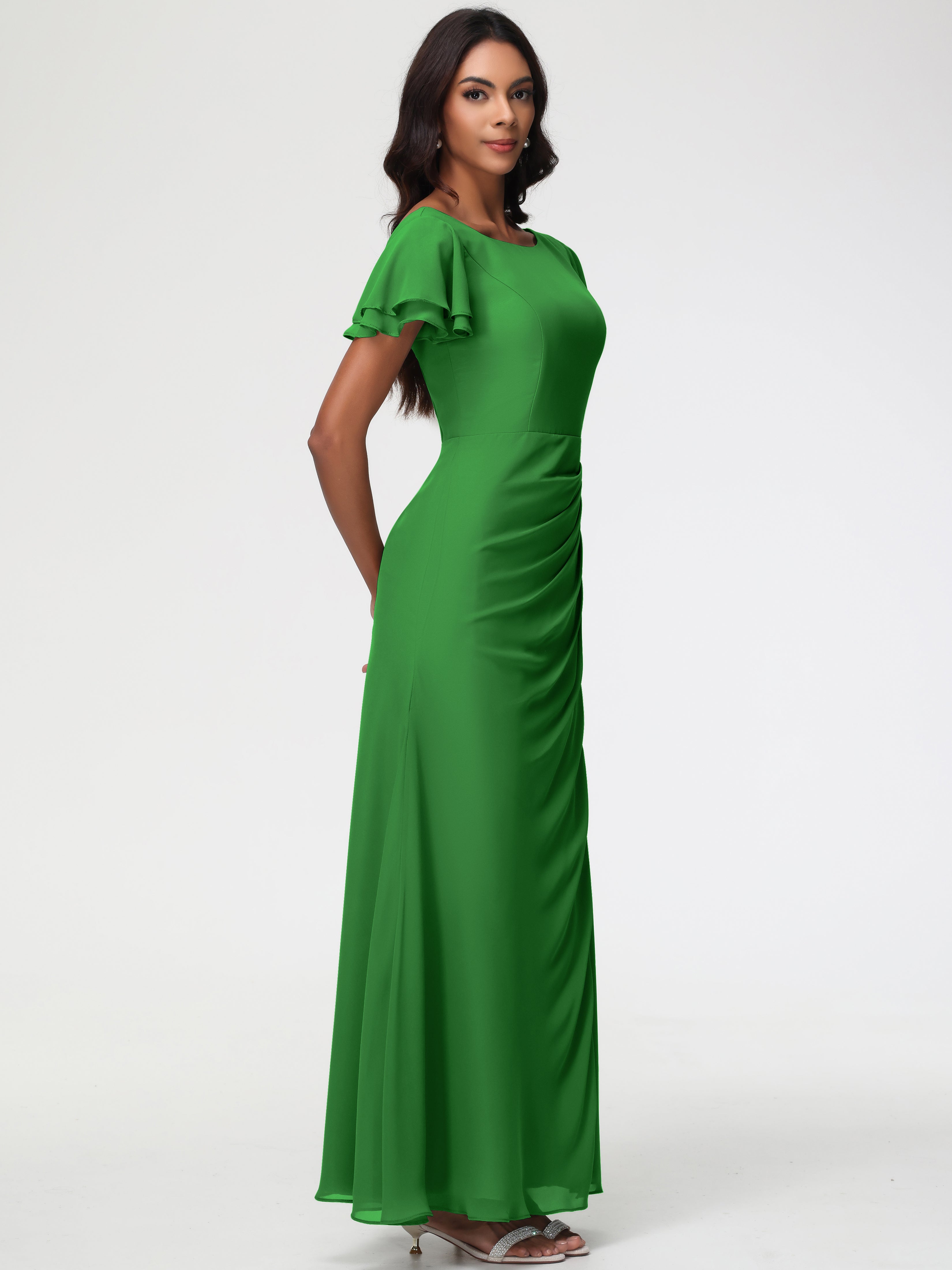 Sheath/Column Short Sleeves Split Long Chiffon Bridesmaid Dresses