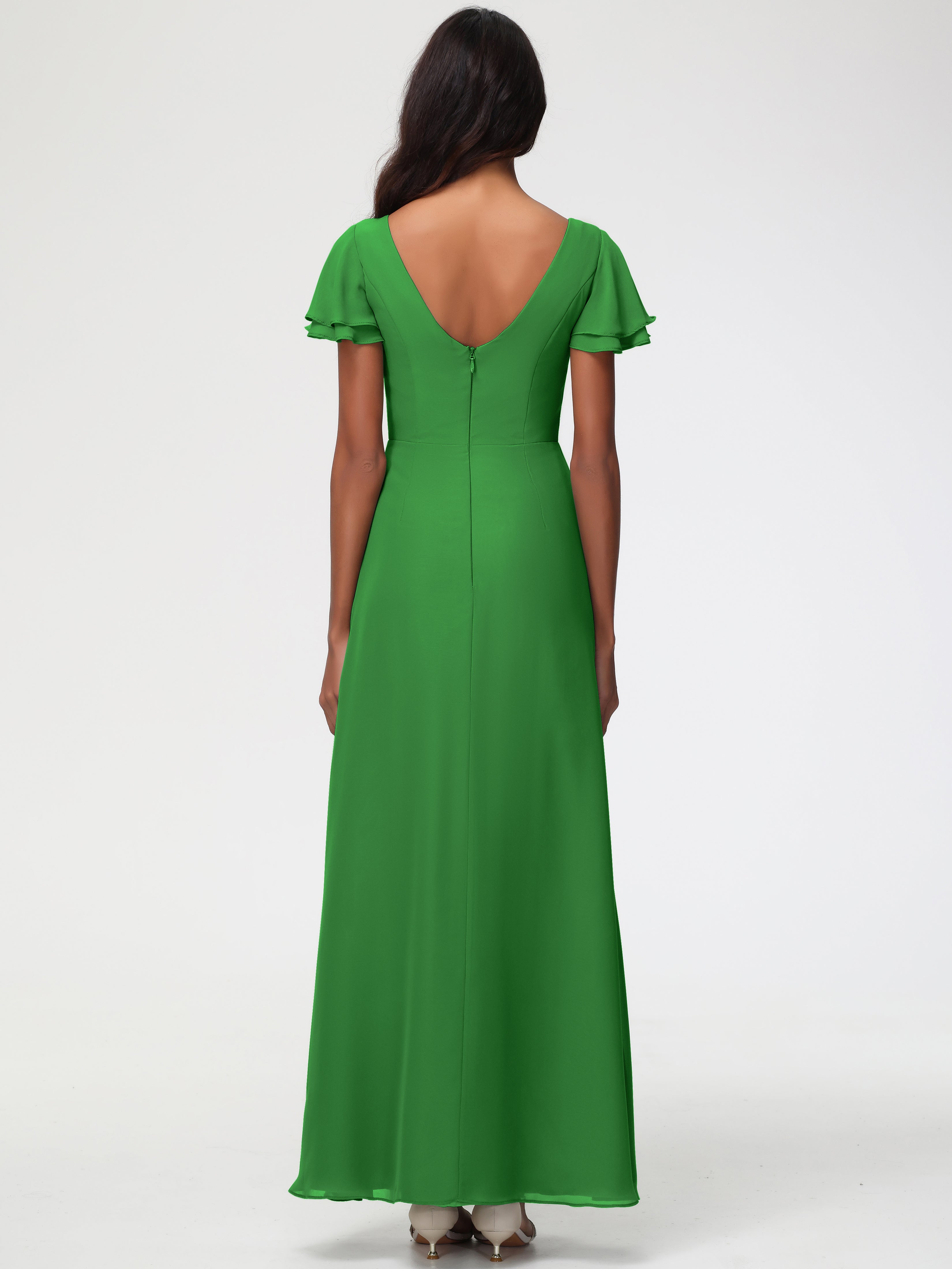 Sheath/Column Short Sleeves Split Long Chiffon Bridesmaid Dresses