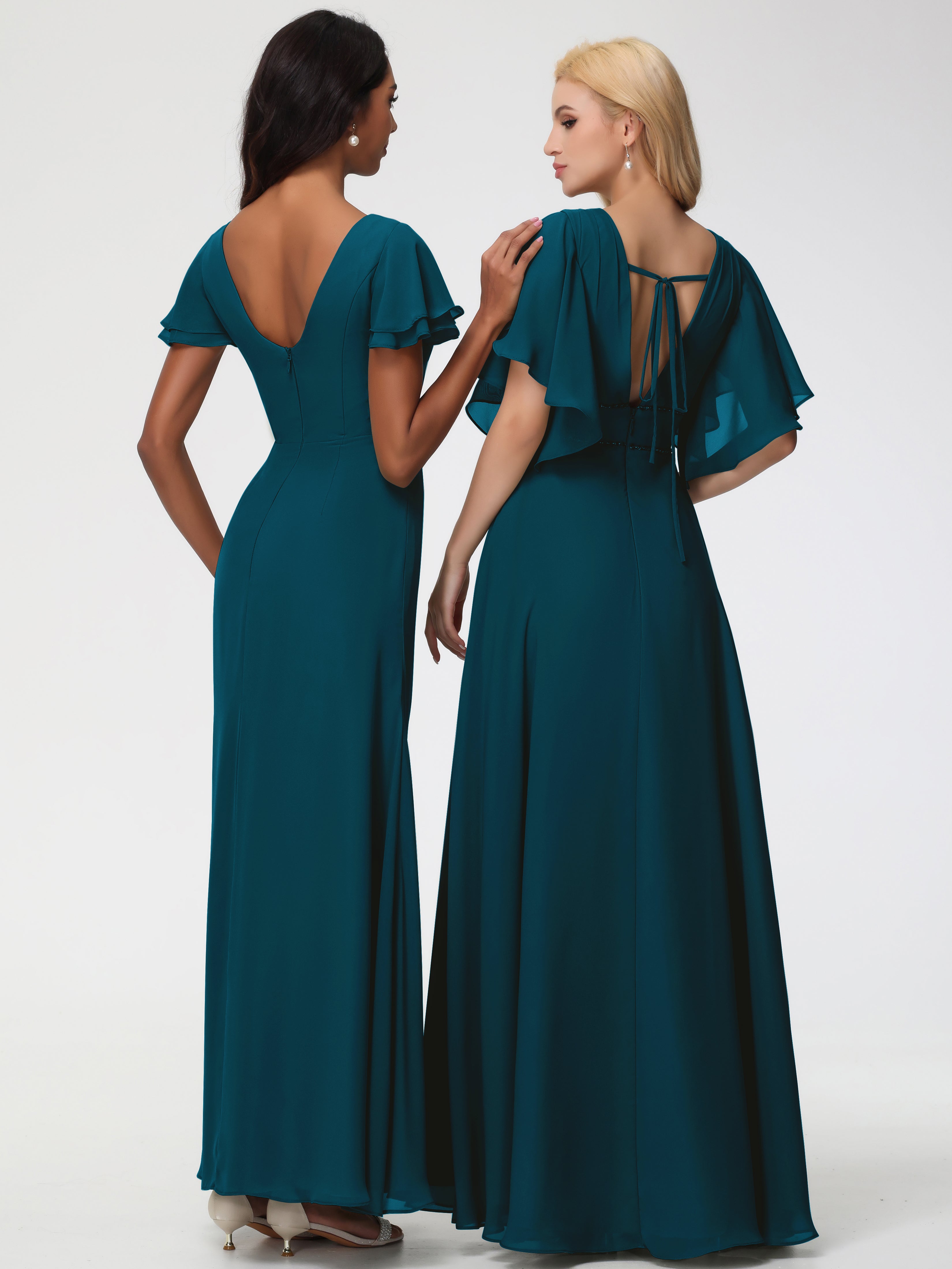 Sheath/Column Short Sleeves Split Long Chiffon Bridesmaid Dresses