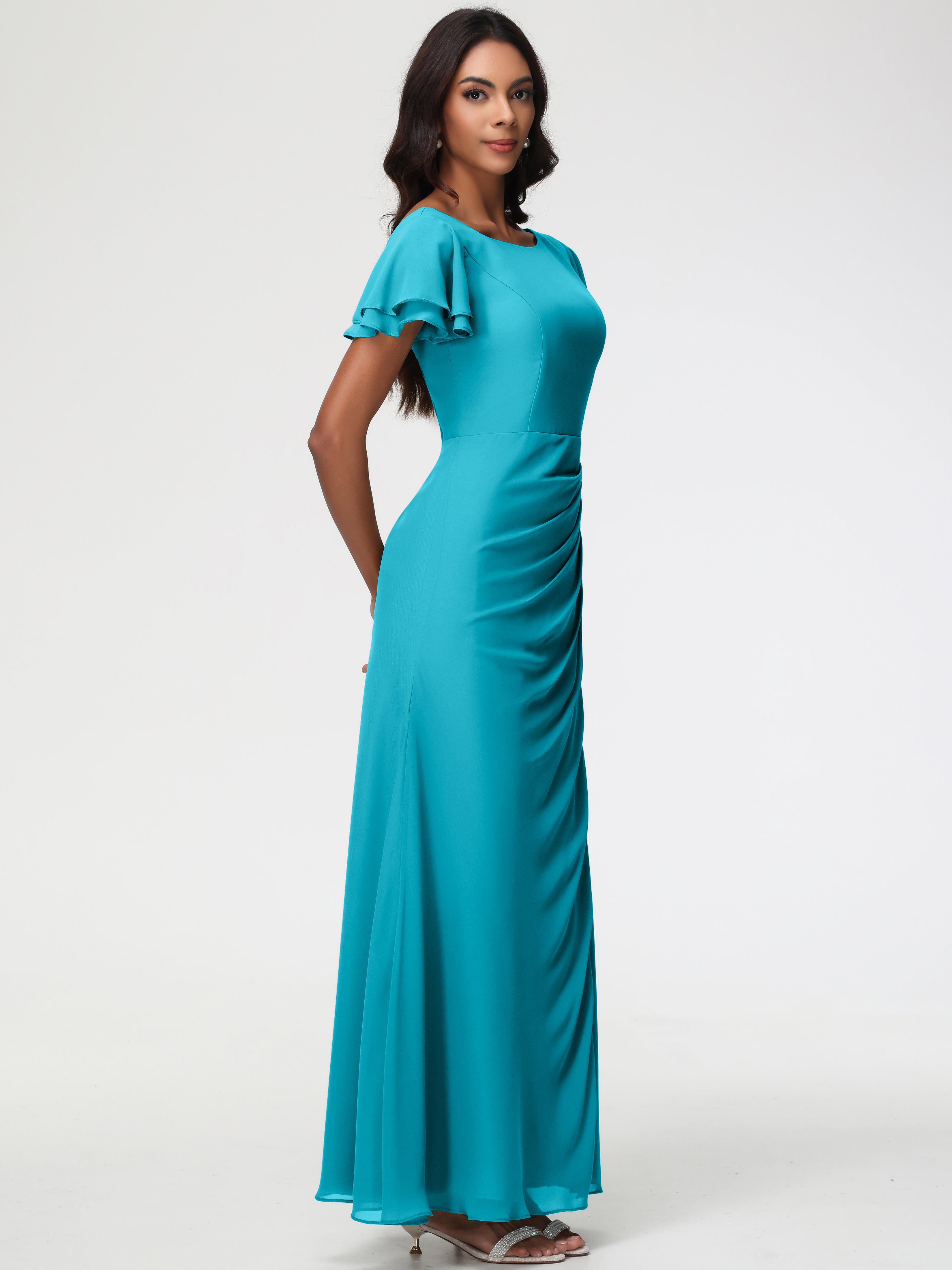 Sheath/Column Short Sleeves Split Long Chiffon Bridesmaid Dresses
