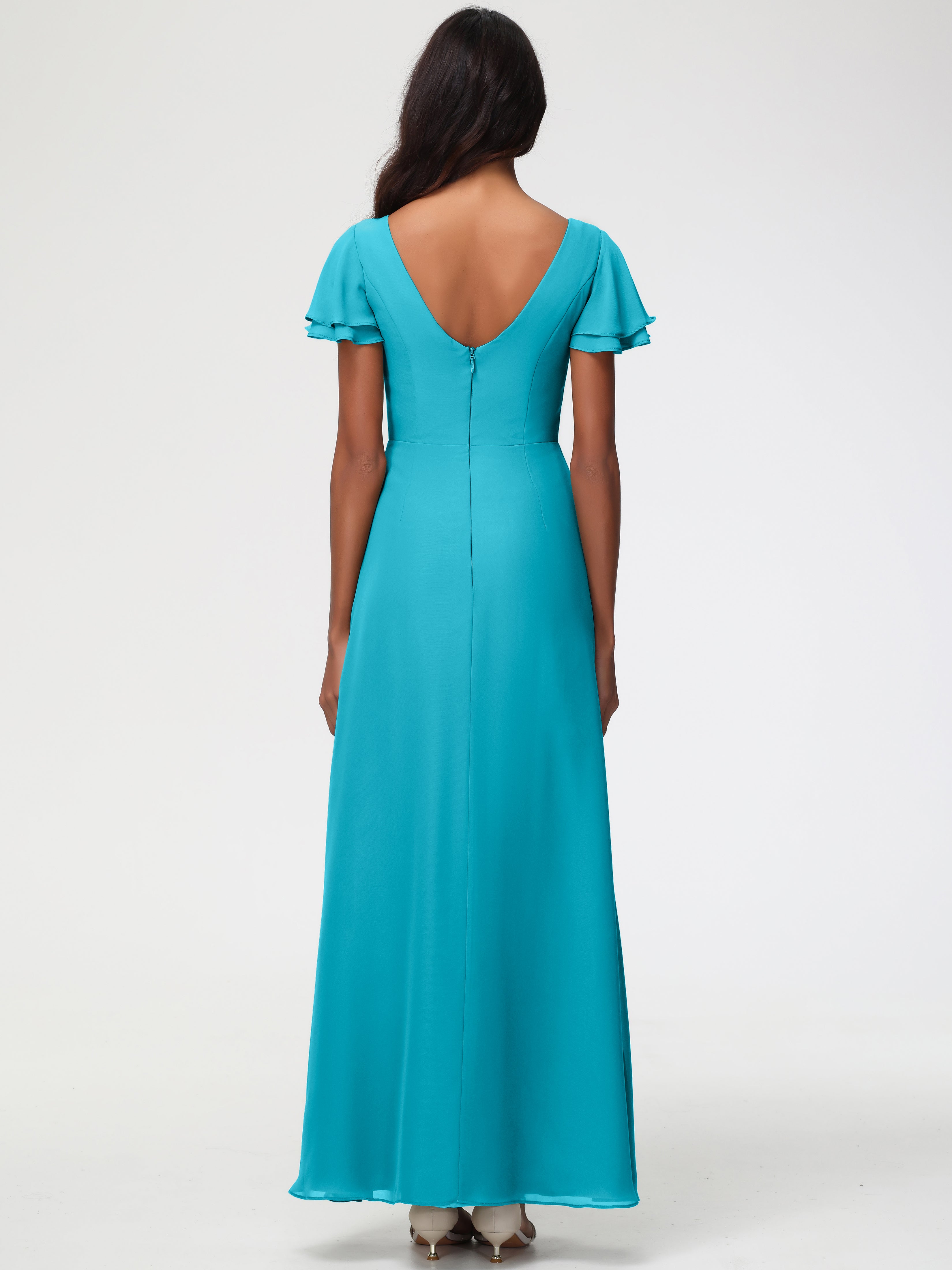 Sheath/Column Short Sleeves Split Long Chiffon Bridesmaid Dresses