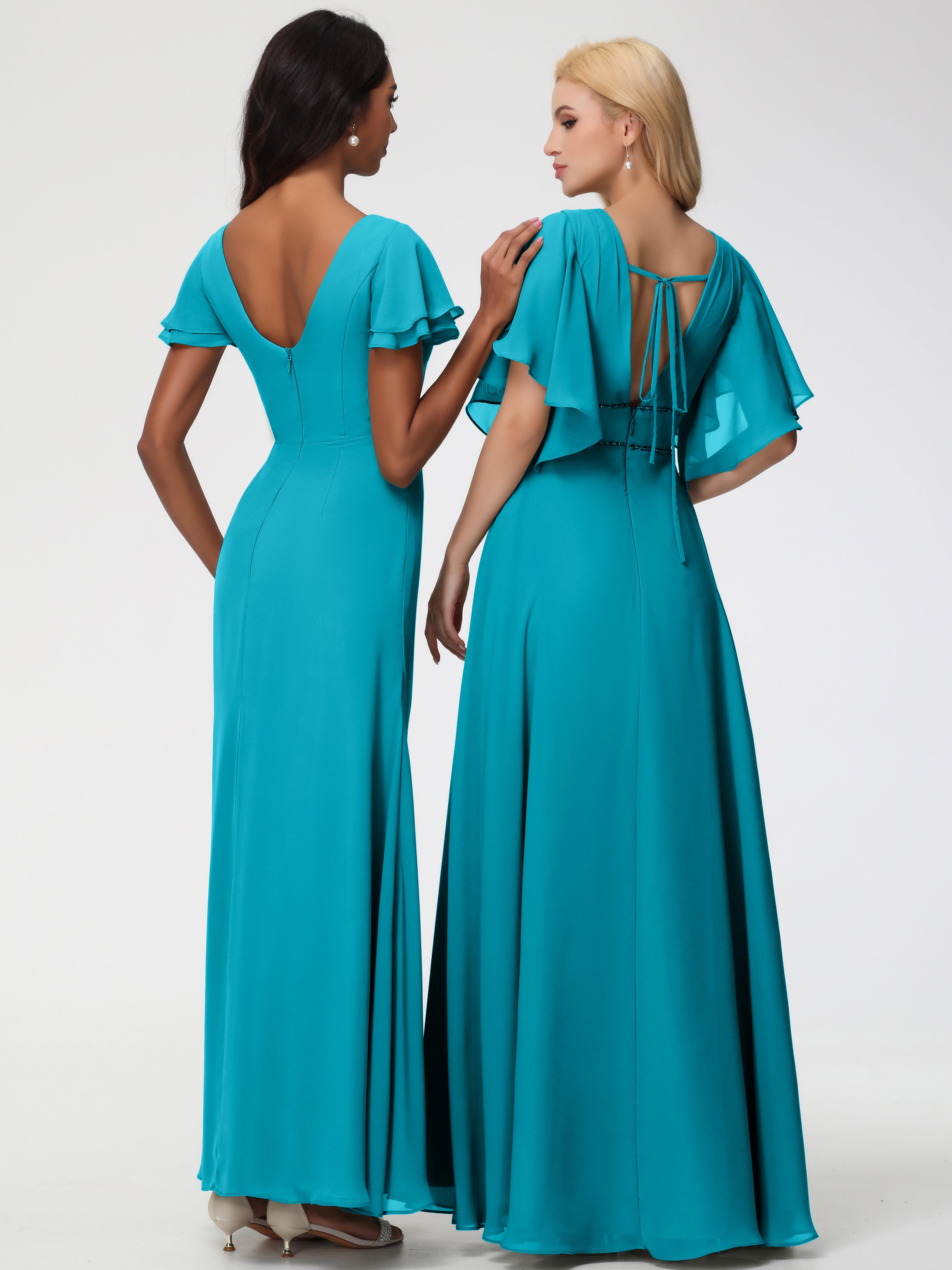 Sheath/Column Short Sleeves Split Long Chiffon Bridesmaid Dresses