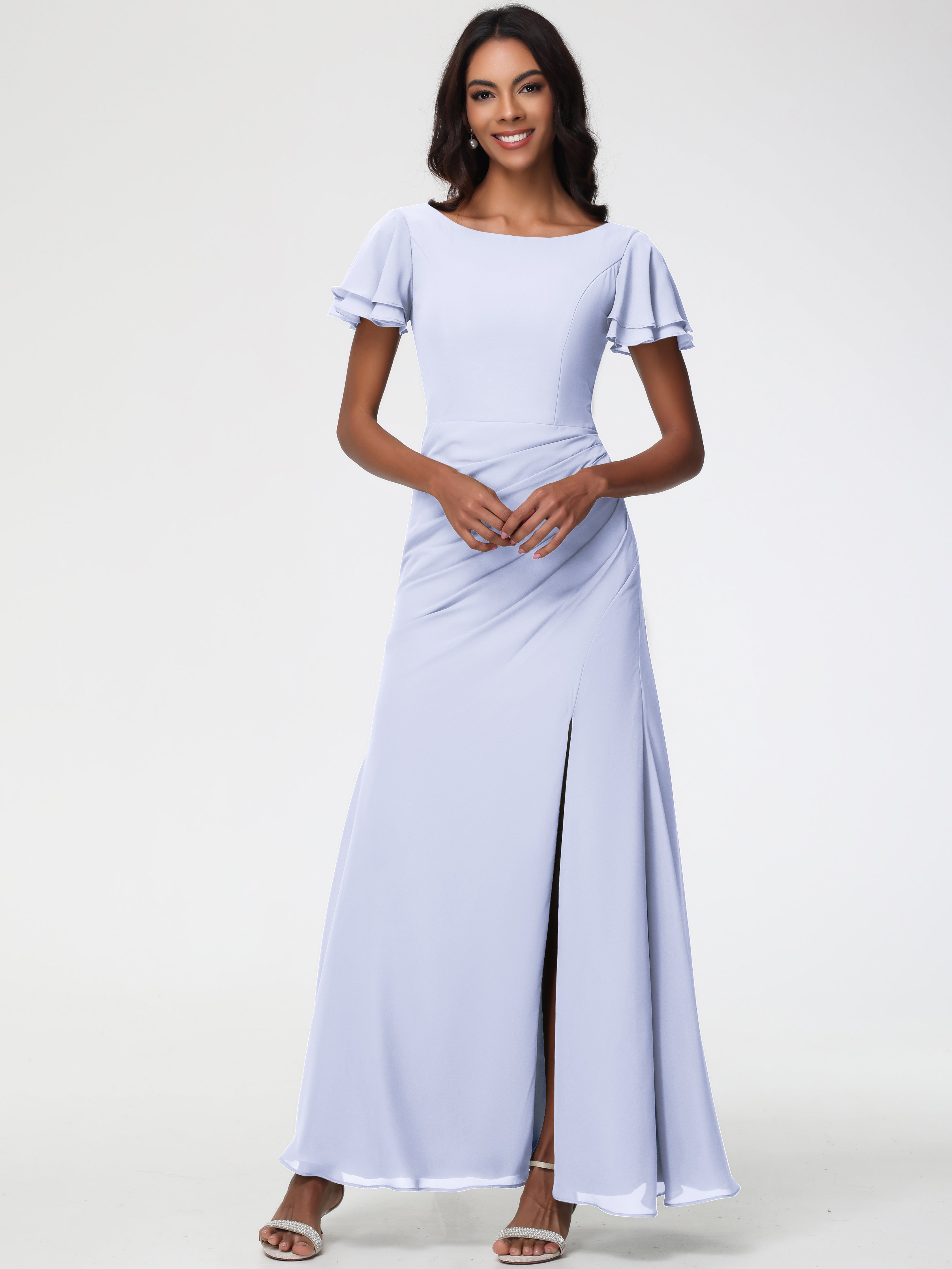 Sheath/Column Short Sleeves Split Long Chiffon Bridesmaid Dresses