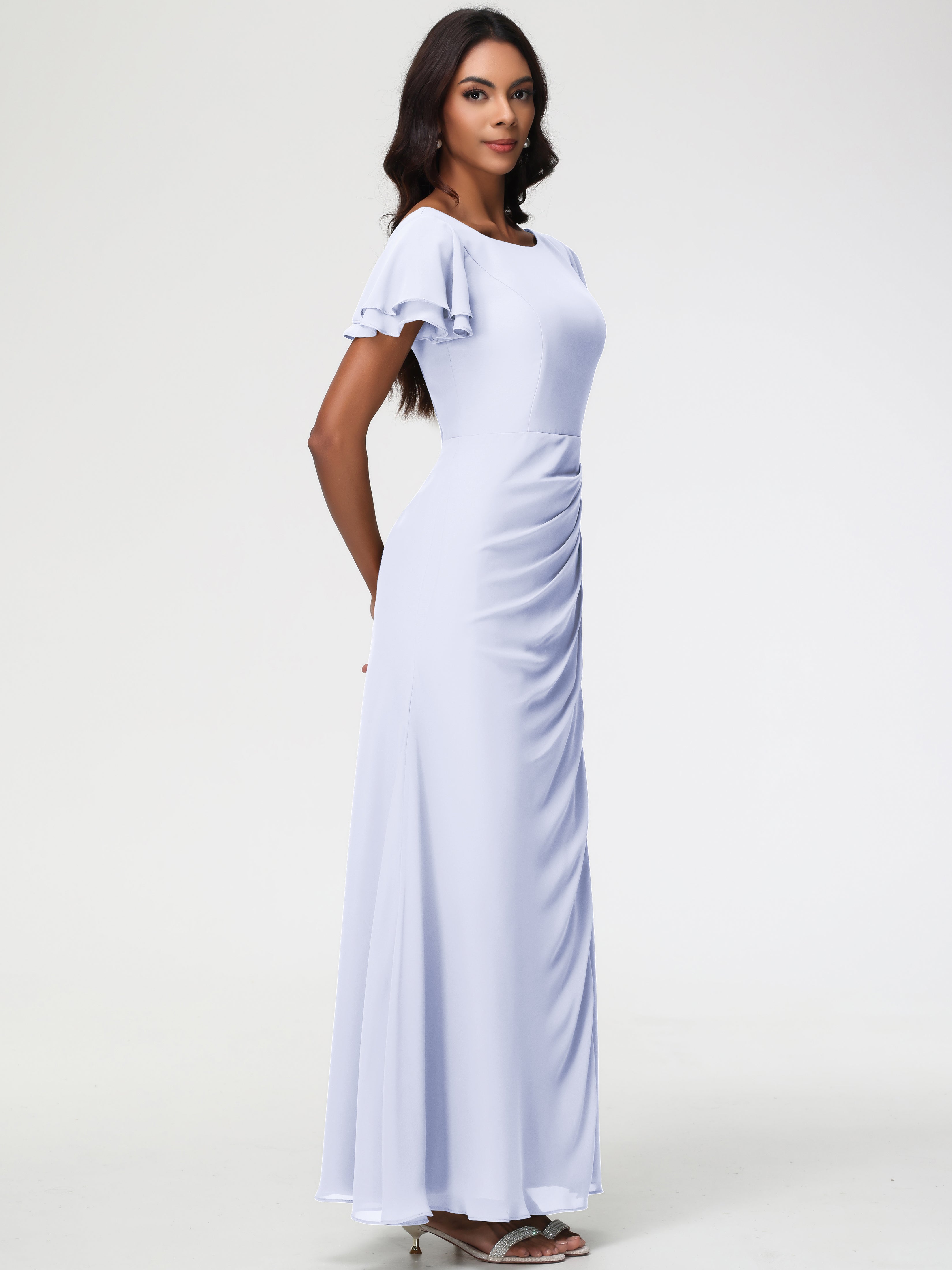 Sheath/Column Short Sleeves Split Long Chiffon Bridesmaid Dresses