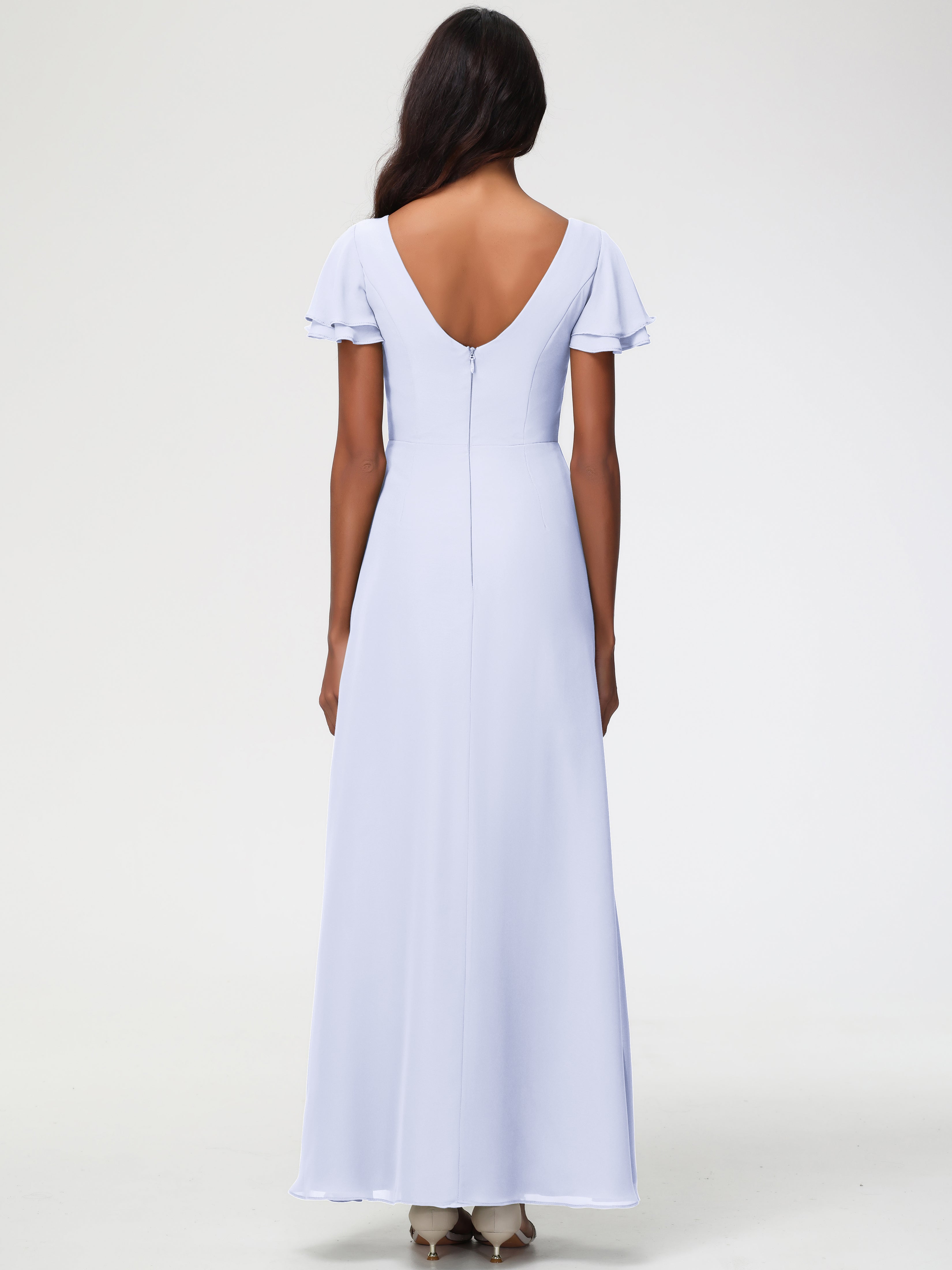 Sheath/Column Short Sleeves Split Long Chiffon Bridesmaid Dresses