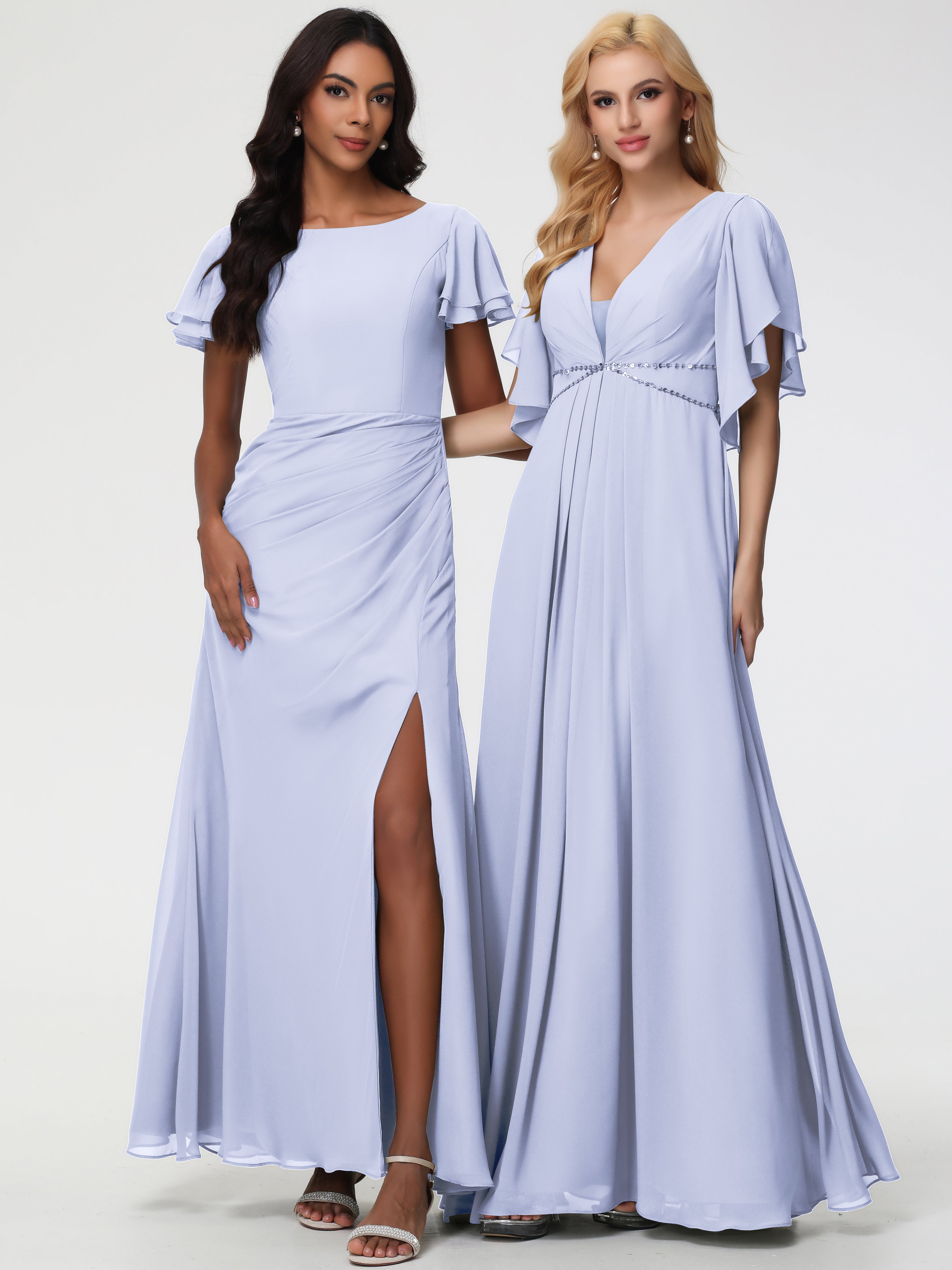 Sheath/Column Short Sleeves Split Long Chiffon Bridesmaid Dresses
