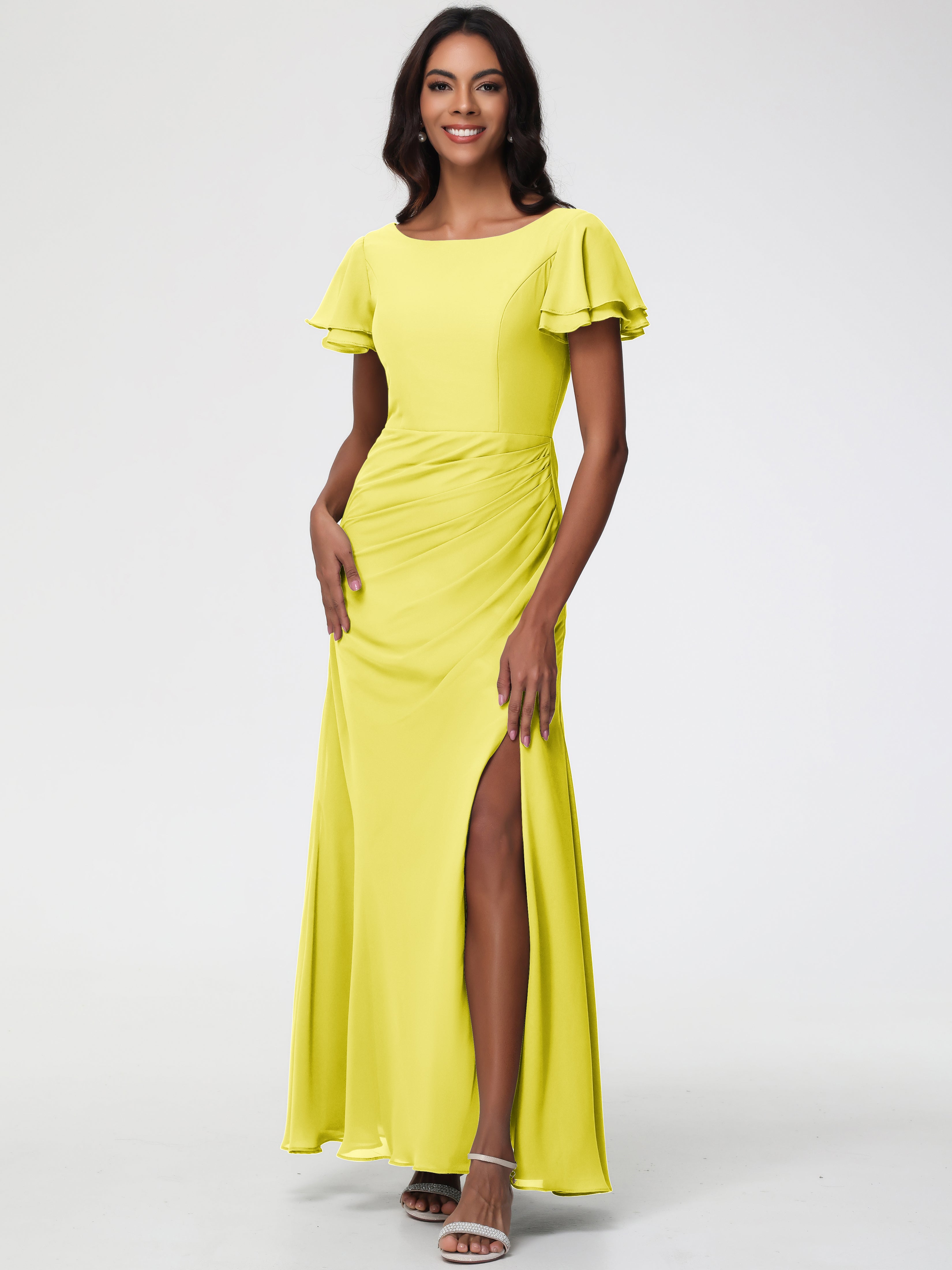 Sheath/Column Short Sleeves Split Long Chiffon Bridesmaid Dresses