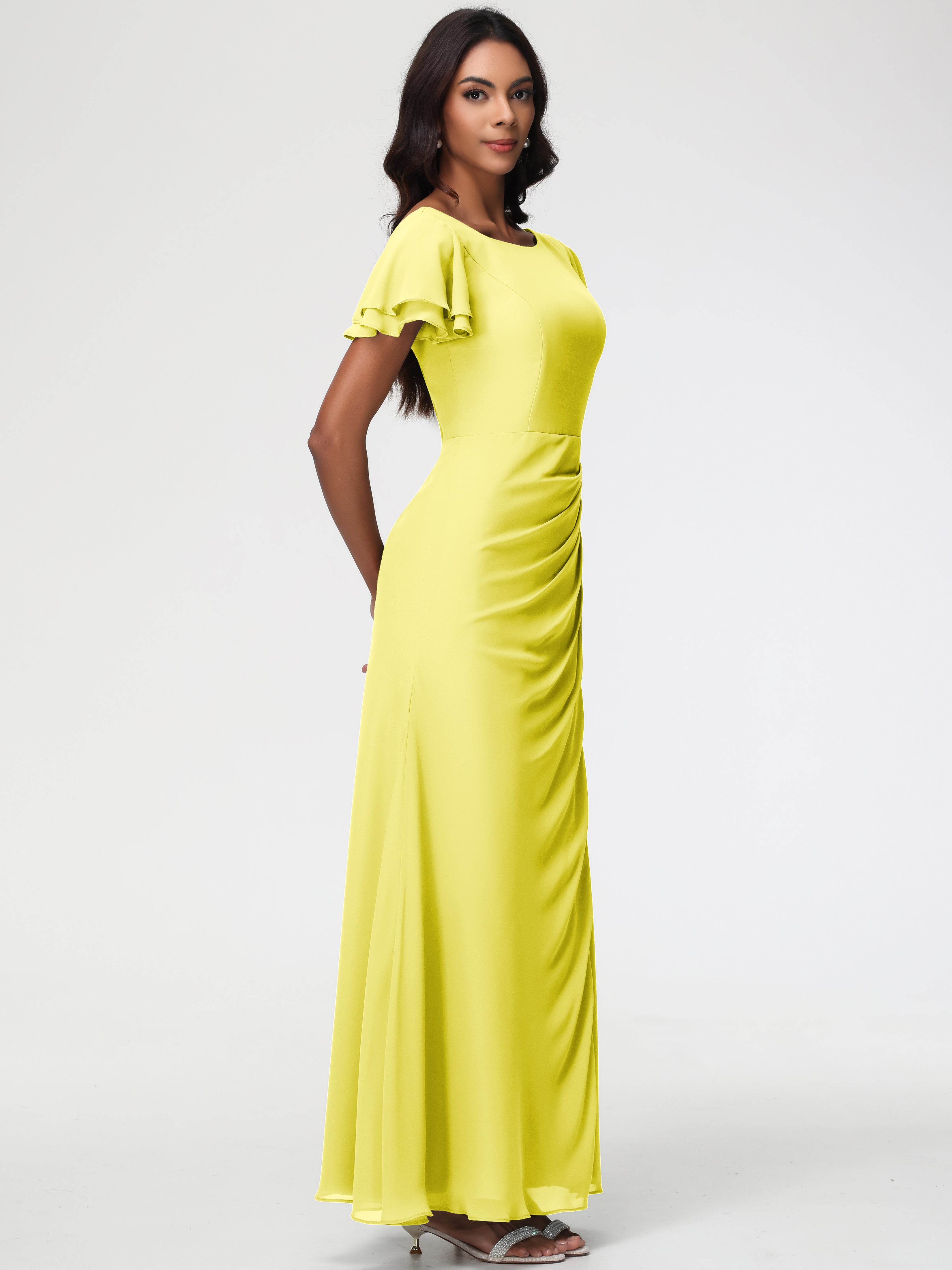 Sheath/Column Short Sleeves Split Long Chiffon Bridesmaid Dresses