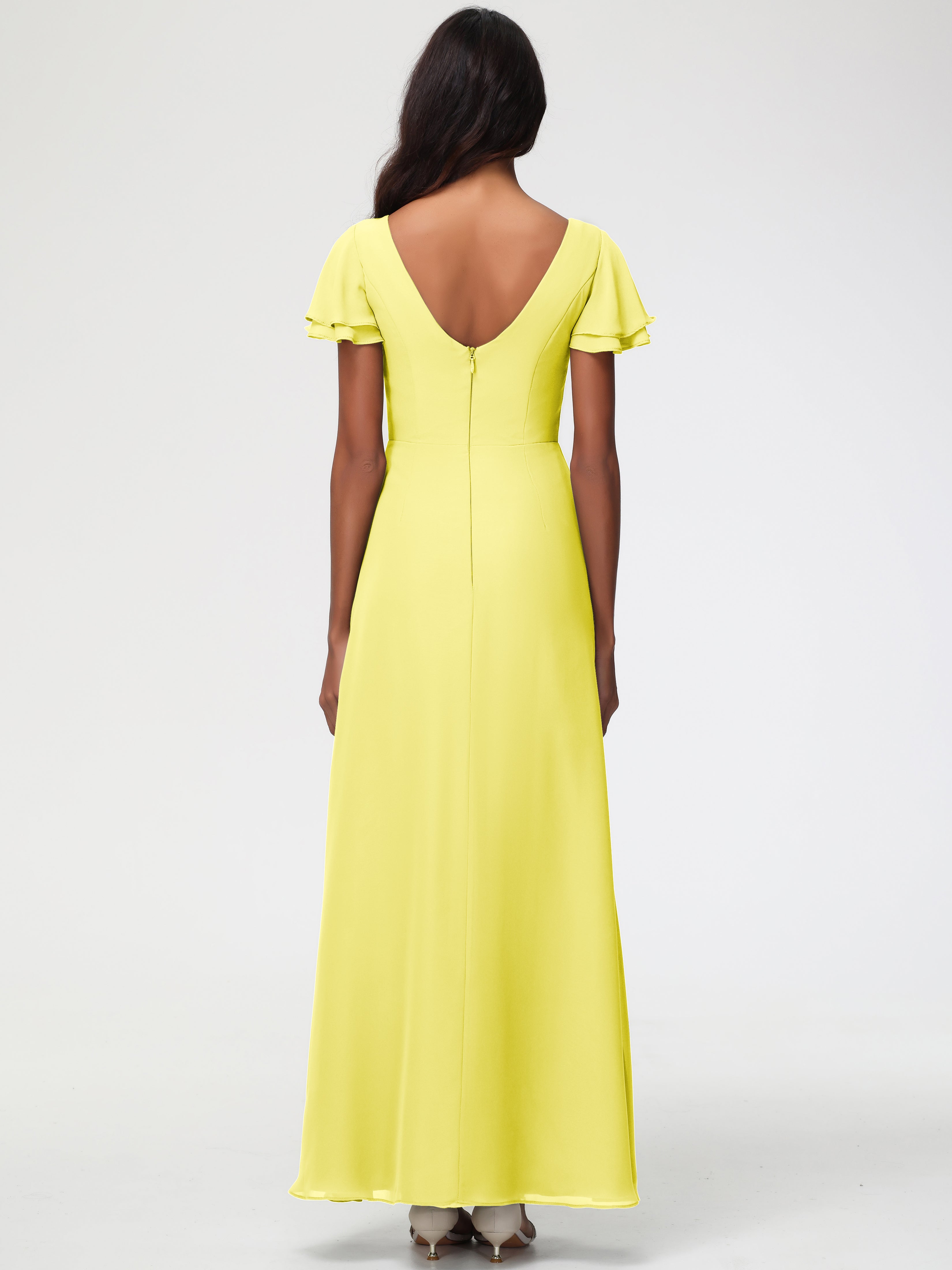 Sheath/Column Short Sleeves Split Long Chiffon Bridesmaid Dresses