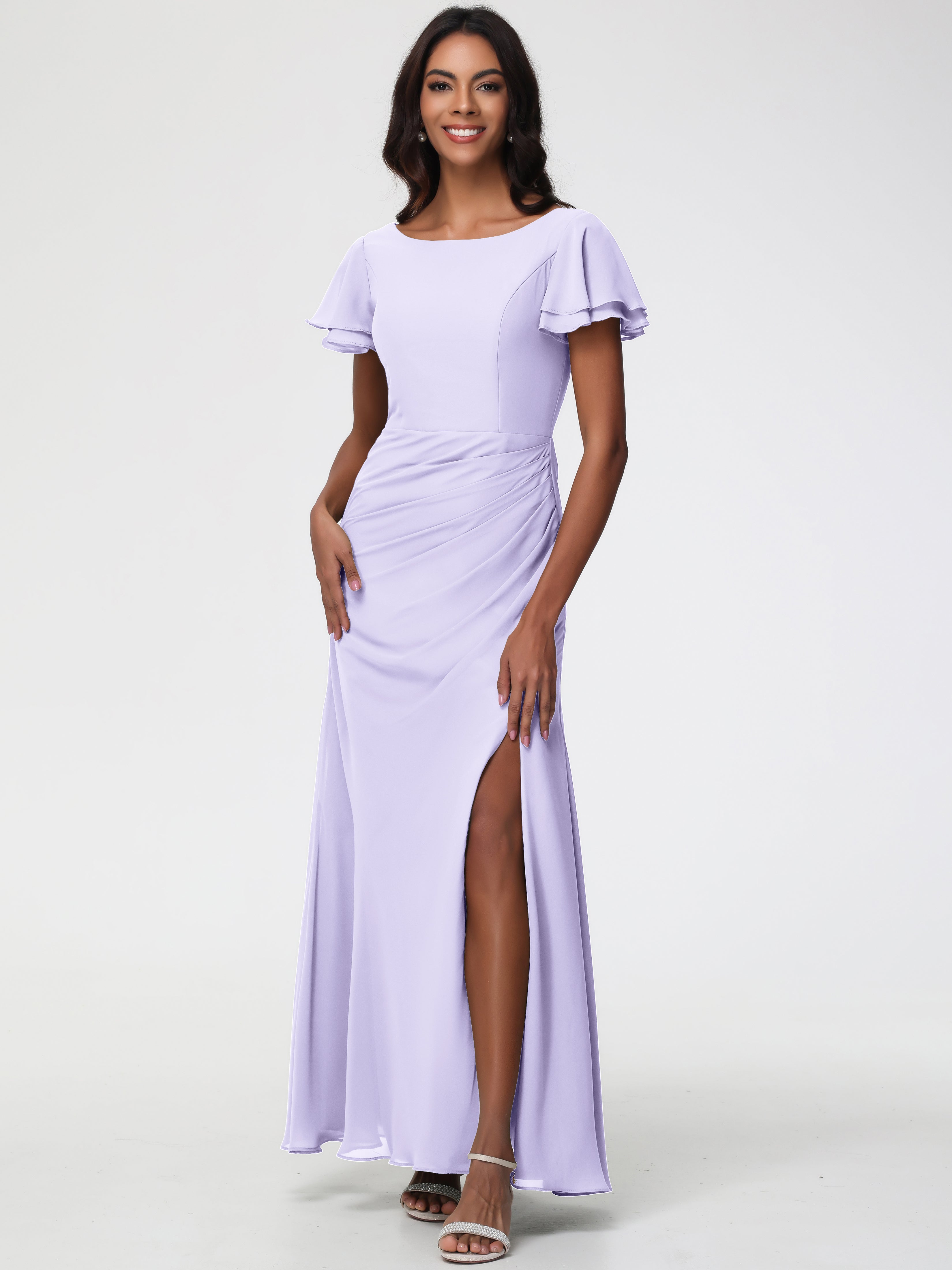 Sheath/Column Short Sleeves Split Long Chiffon Bridesmaid Dresses