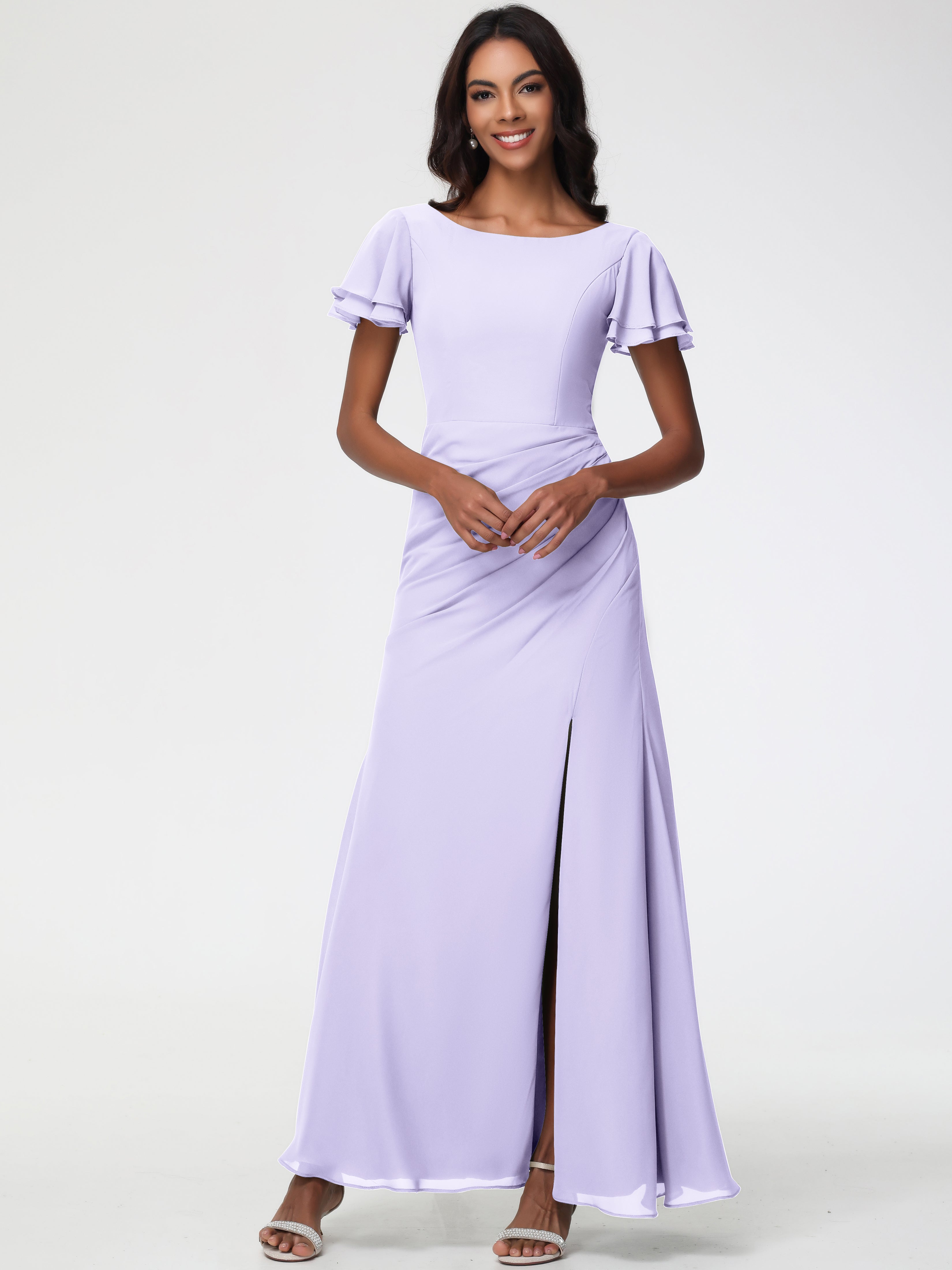Sheath/Column Short Sleeves Split Long Chiffon Bridesmaid Dresses