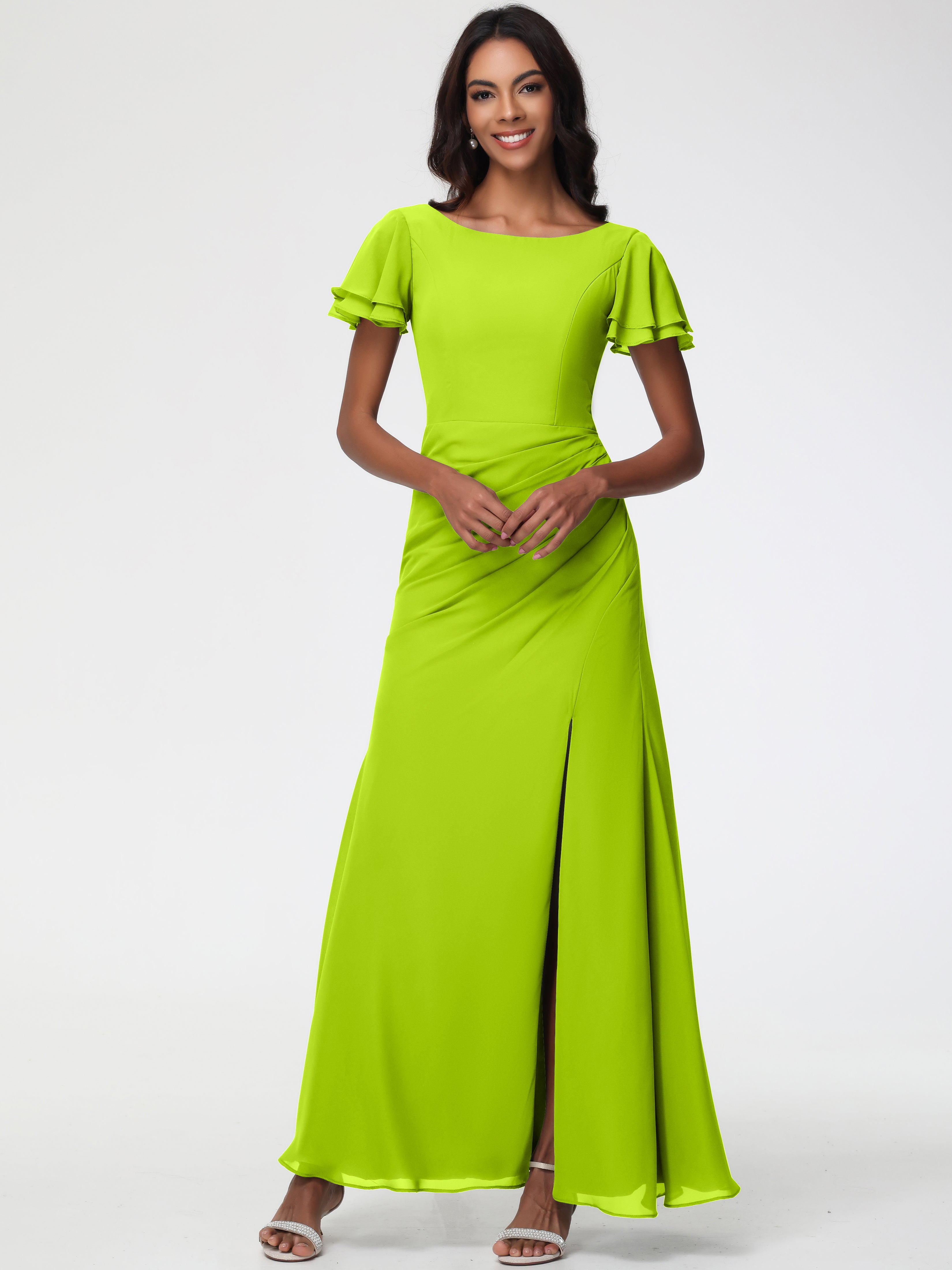 Sheath/Column Short Sleeves Split Long Chiffon Bridesmaid Dresses