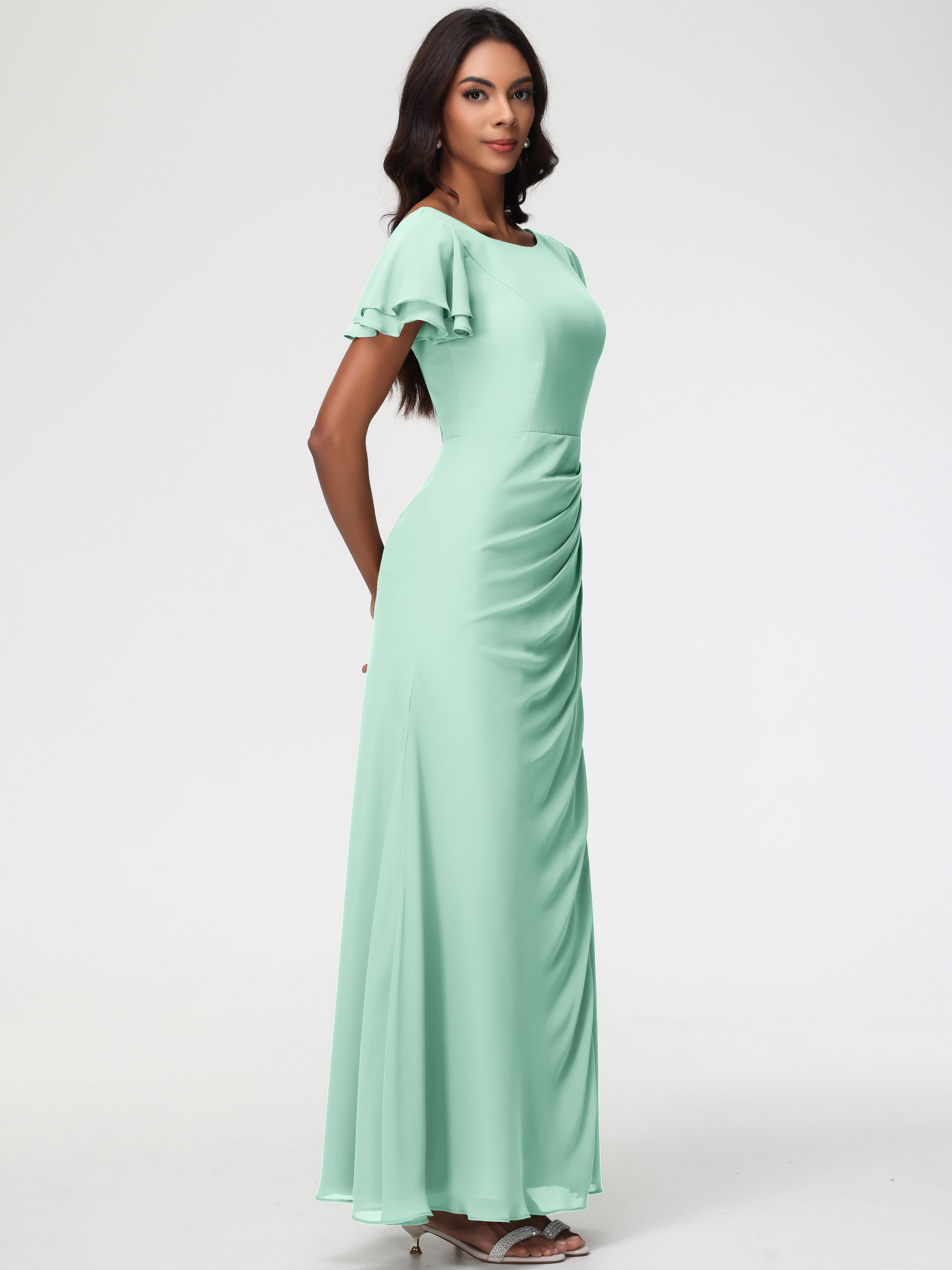 Sheath/Column Short Sleeves Split Long Chiffon Bridesmaid Dresses