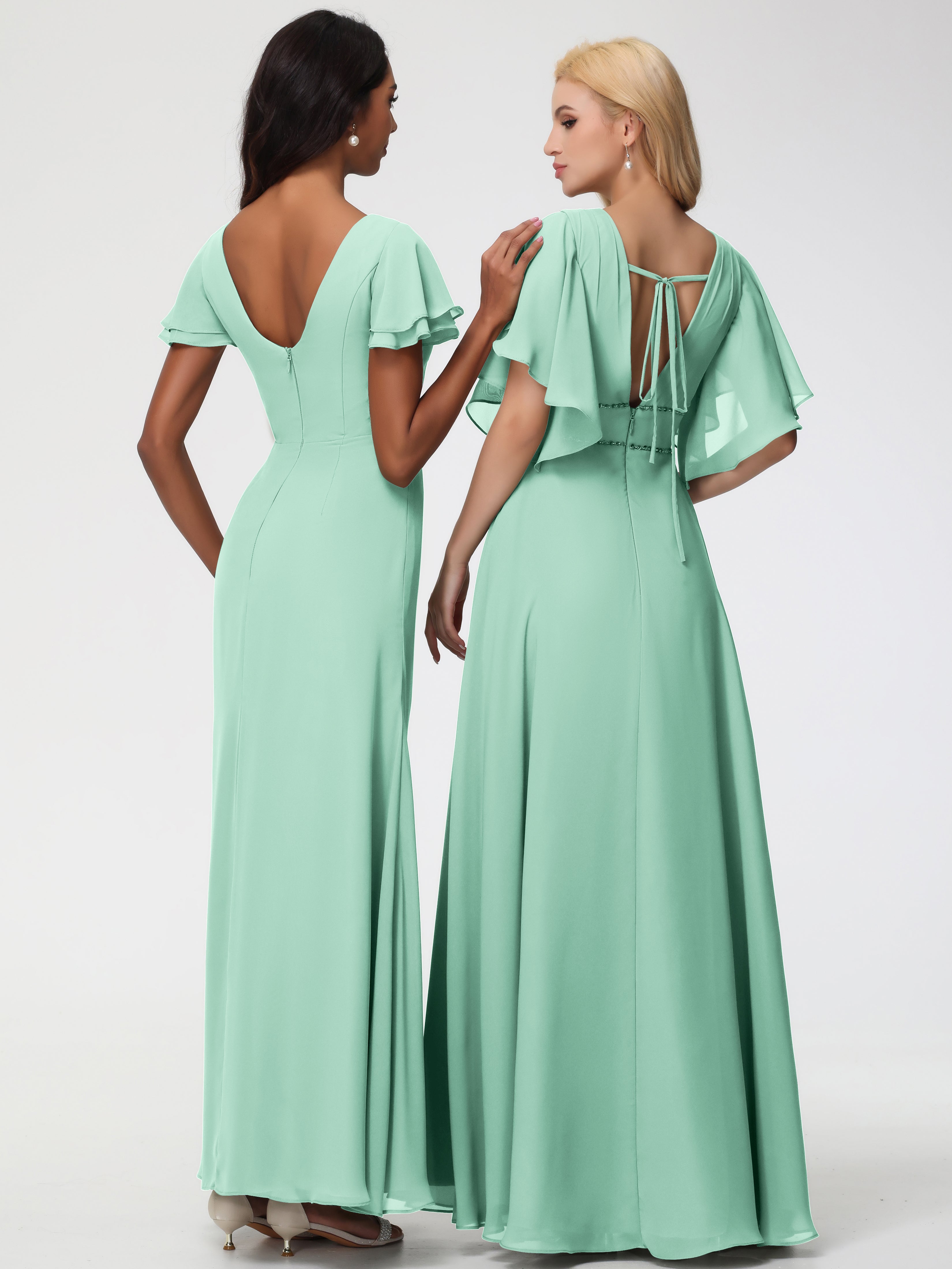Sheath/Column Short Sleeves Split Long Chiffon Bridesmaid Dresses