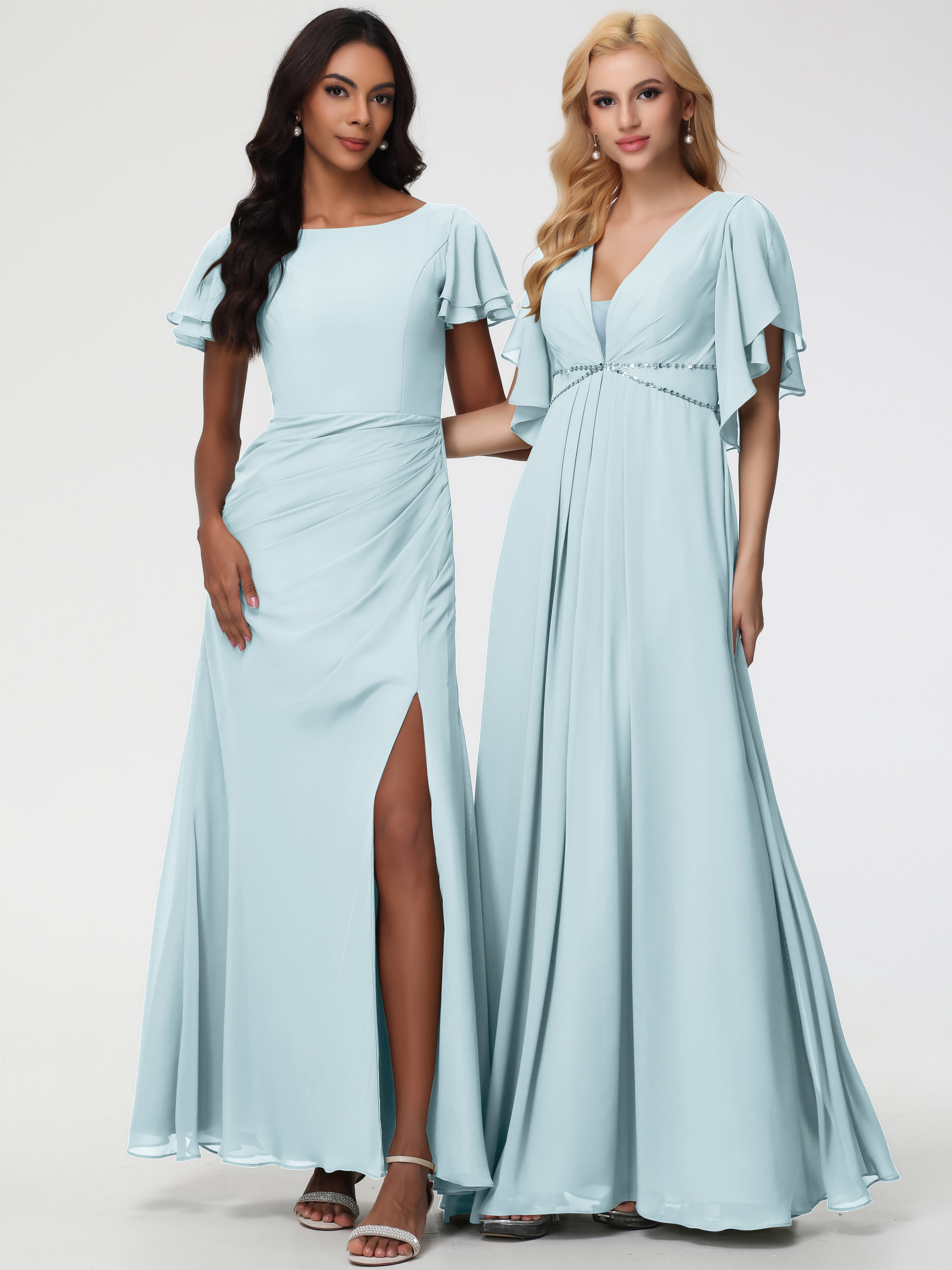 Sheath/Column Short Sleeves Split Long Chiffon Bridesmaid Dresses