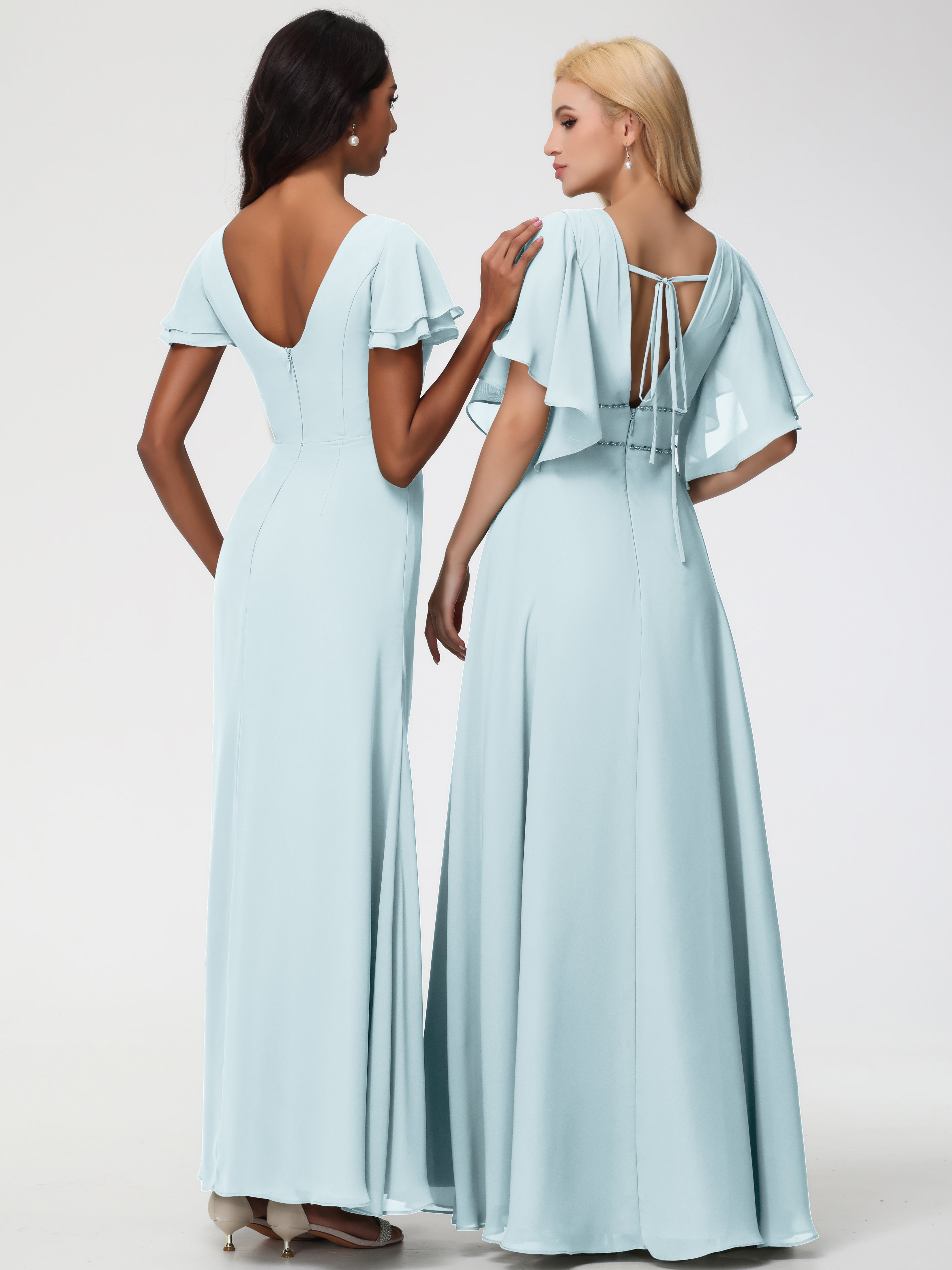 Sheath/Column Short Sleeves Split Long Chiffon Bridesmaid Dresses