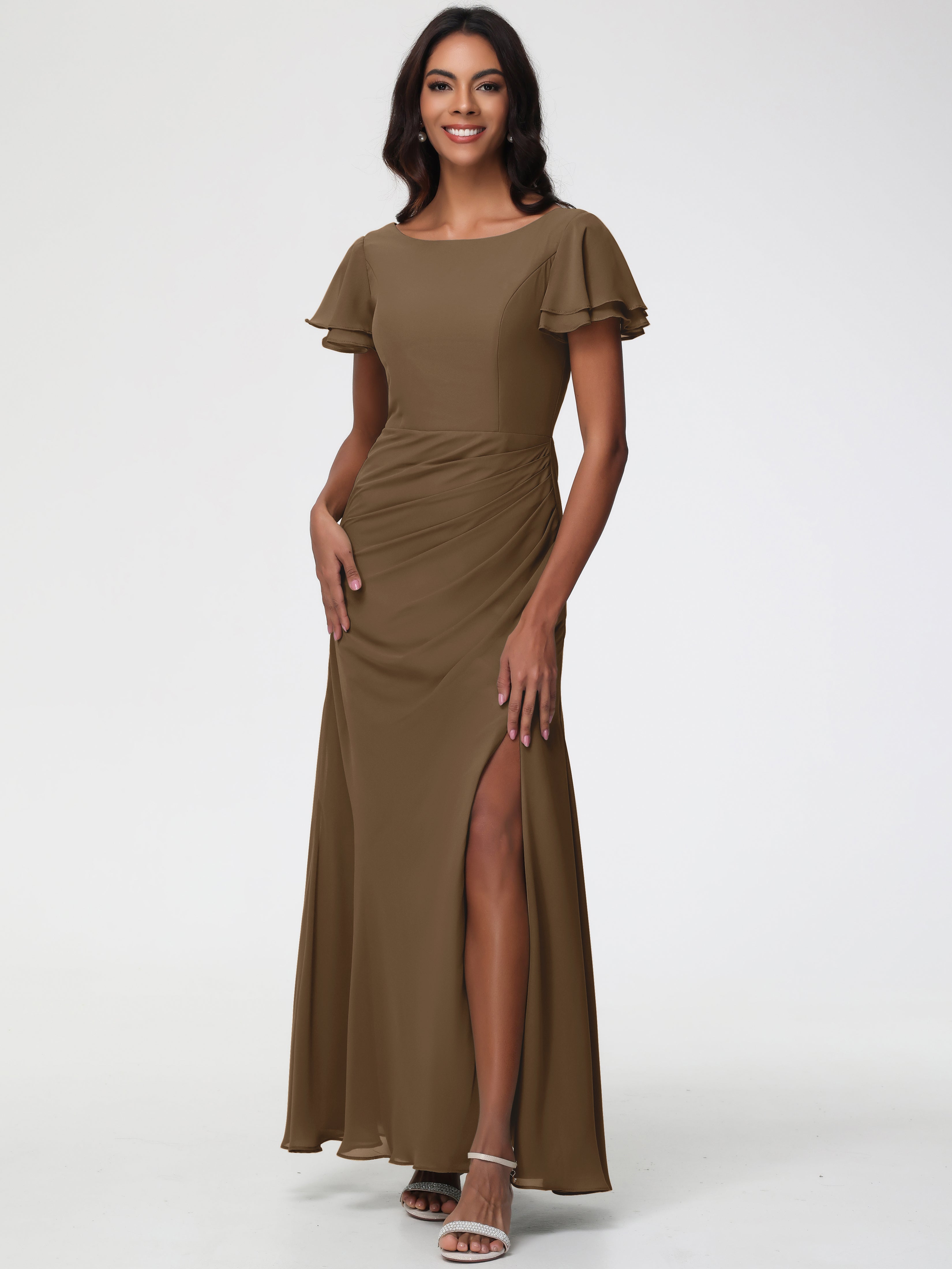 Sheath/Column Short Sleeves Split Long Chiffon Bridesmaid Dresses