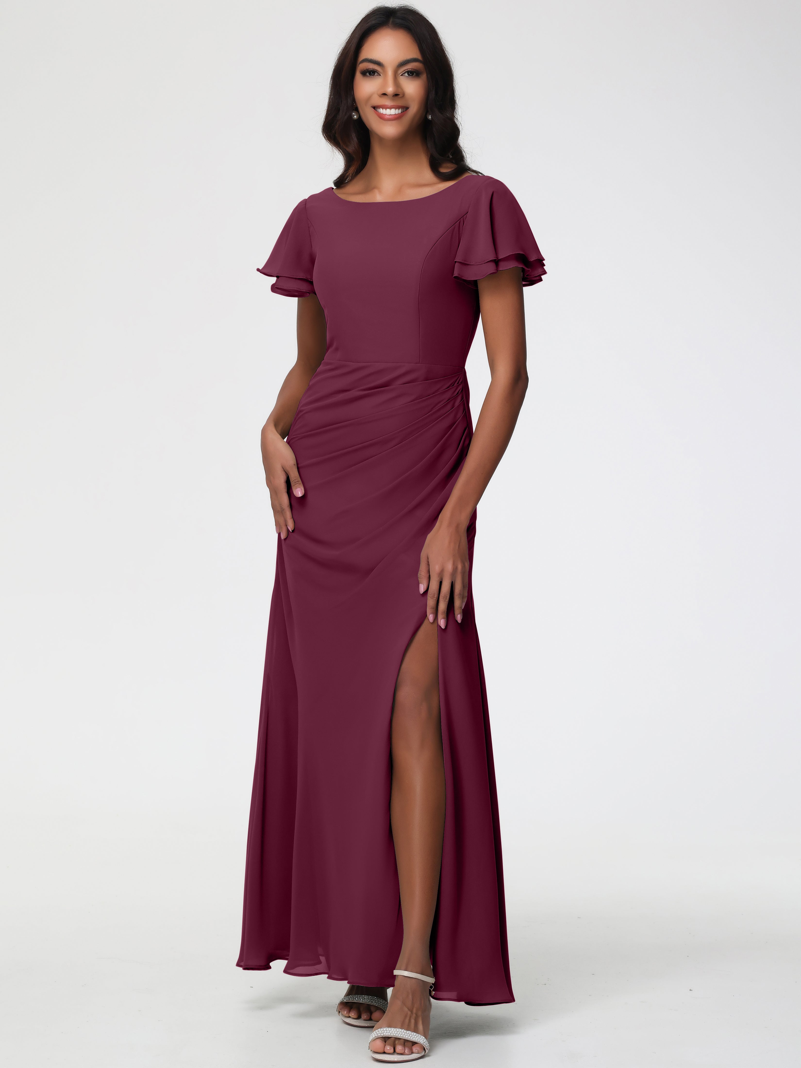 Sheath/Column Short Sleeves Split Long Chiffon Bridesmaid Dresses (Copy)