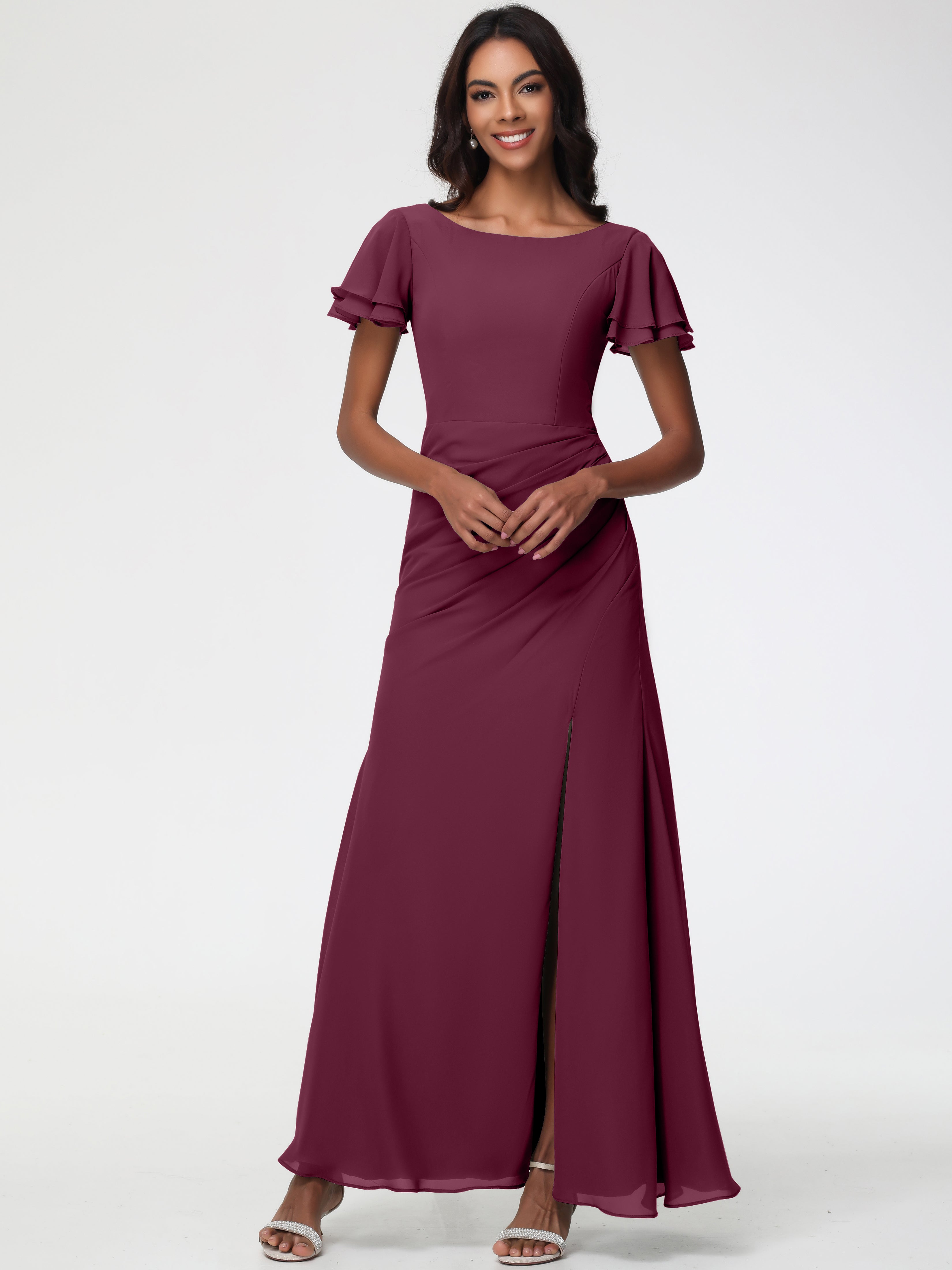 Sheath/Column Short Sleeves Split Long Chiffon Bridesmaid Dresses (Copy)