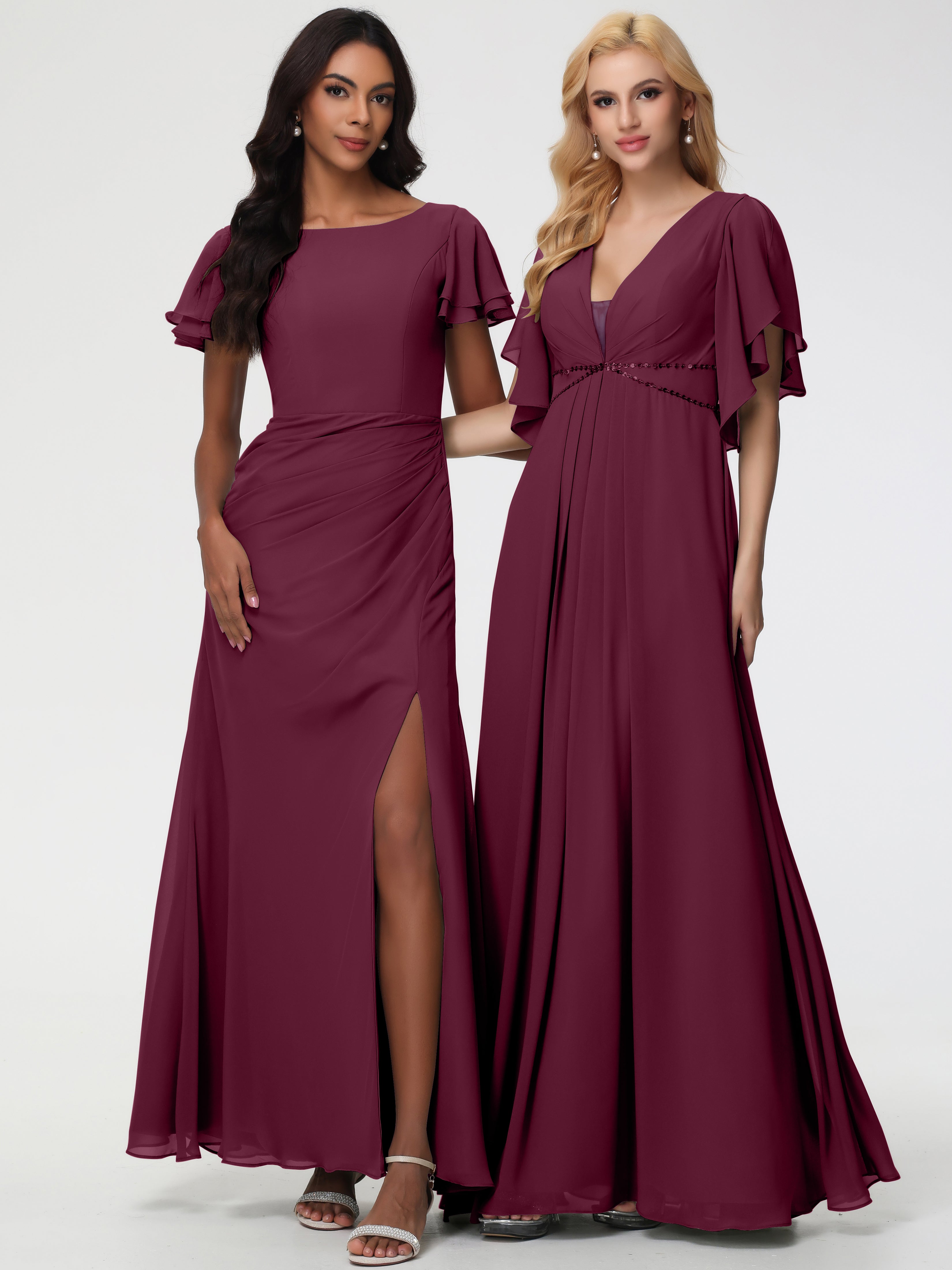 Sheath/Column Short Sleeves Split Long Chiffon Bridesmaid Dresses (Copy)