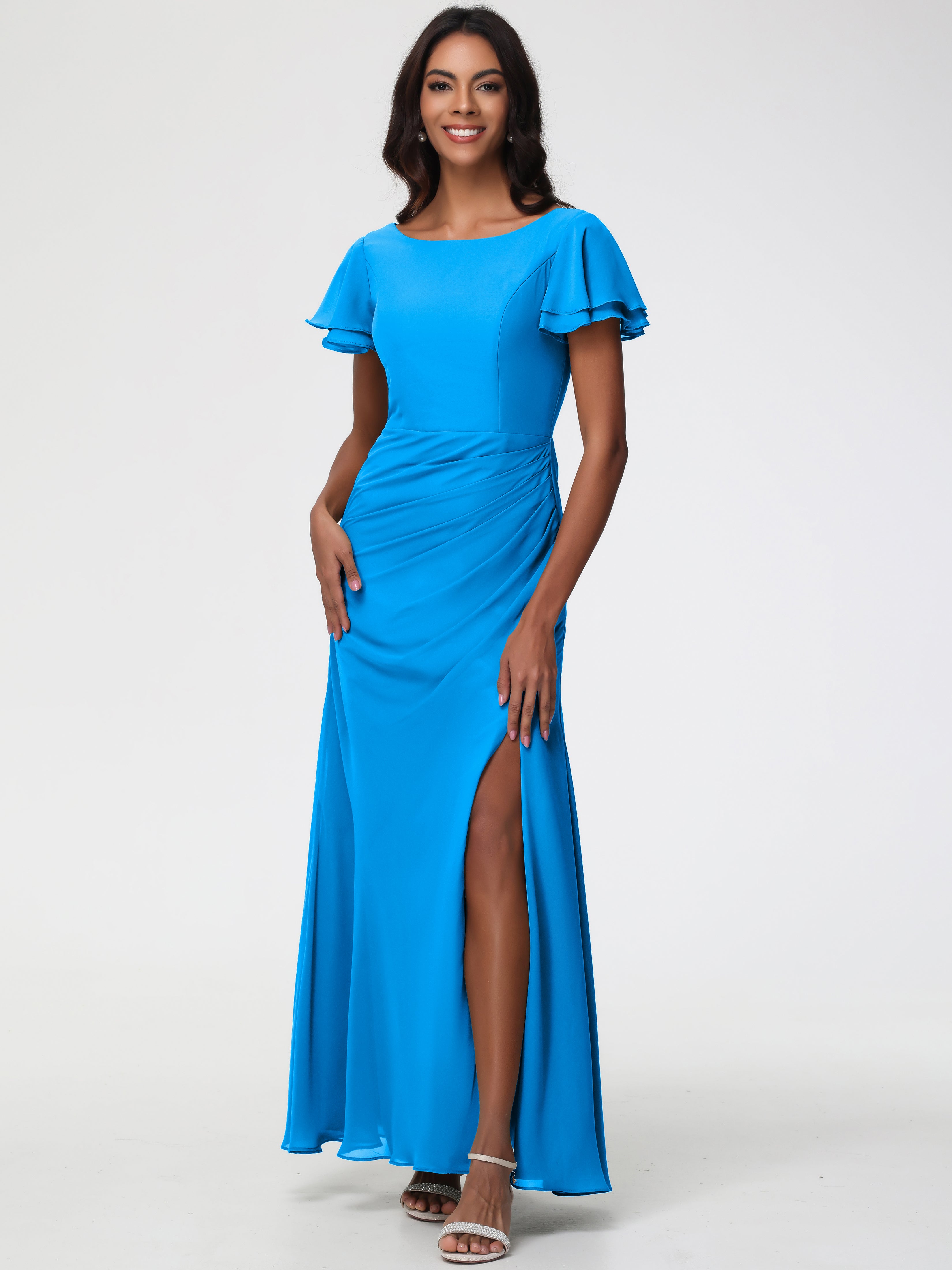 Sheath/Column Short Sleeves Split Long Chiffon Bridesmaid Dresses (Copy)