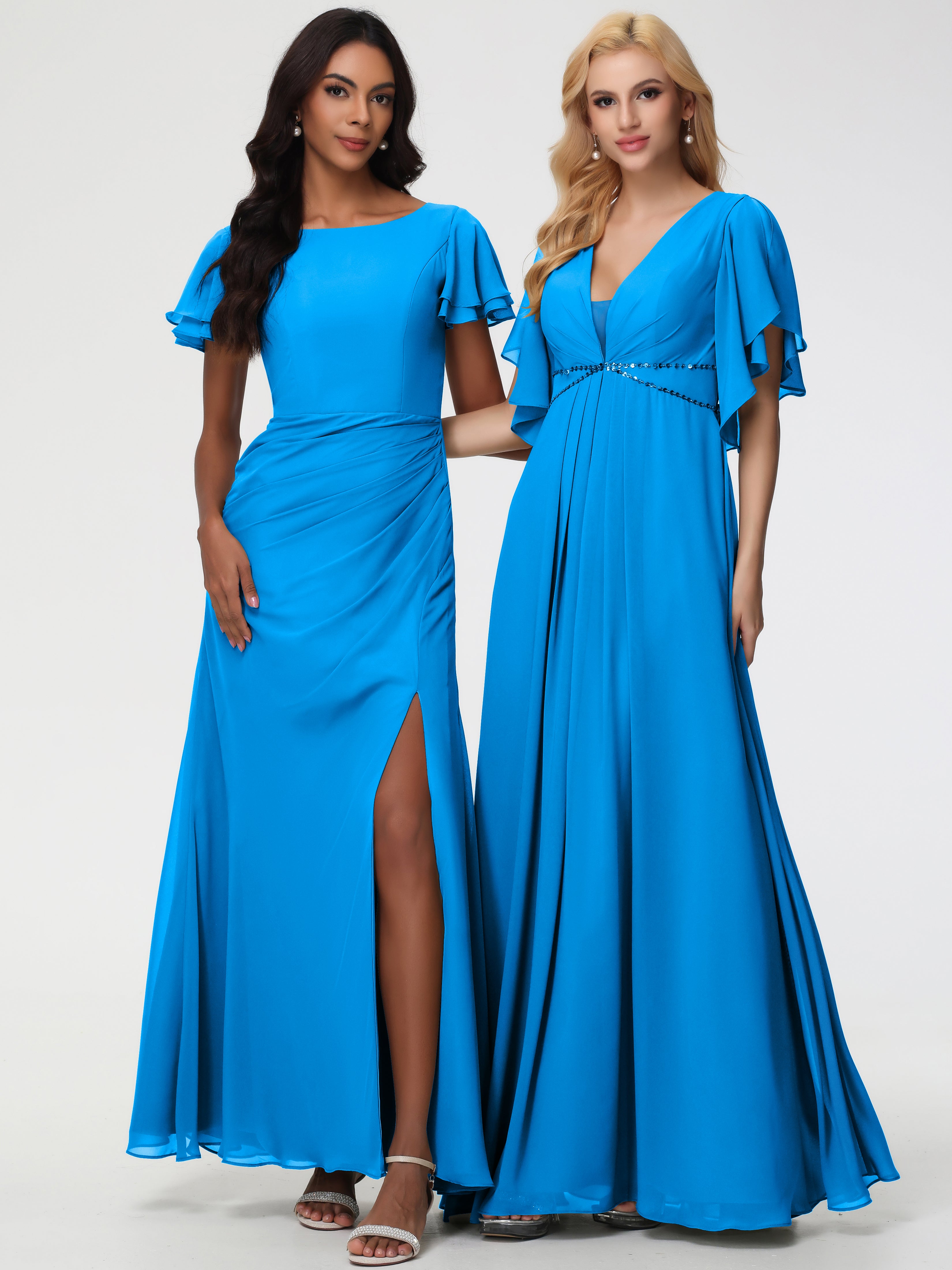 Sheath/Column Short Sleeves Split Long Chiffon Bridesmaid Dresses (Copy)