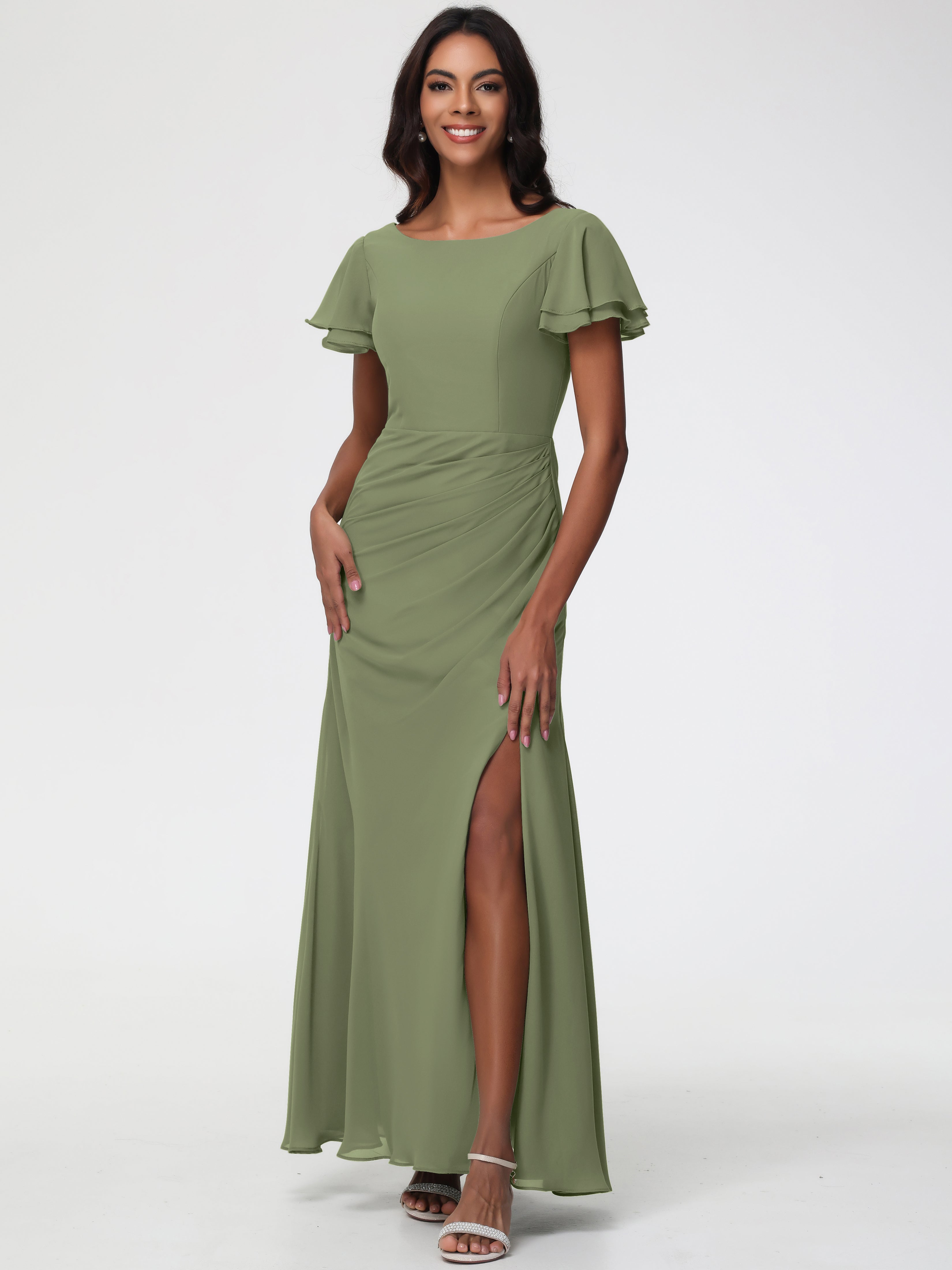 Sheath/Column Short Sleeves Split Long Chiffon Bridesmaid Dresses (Copy)