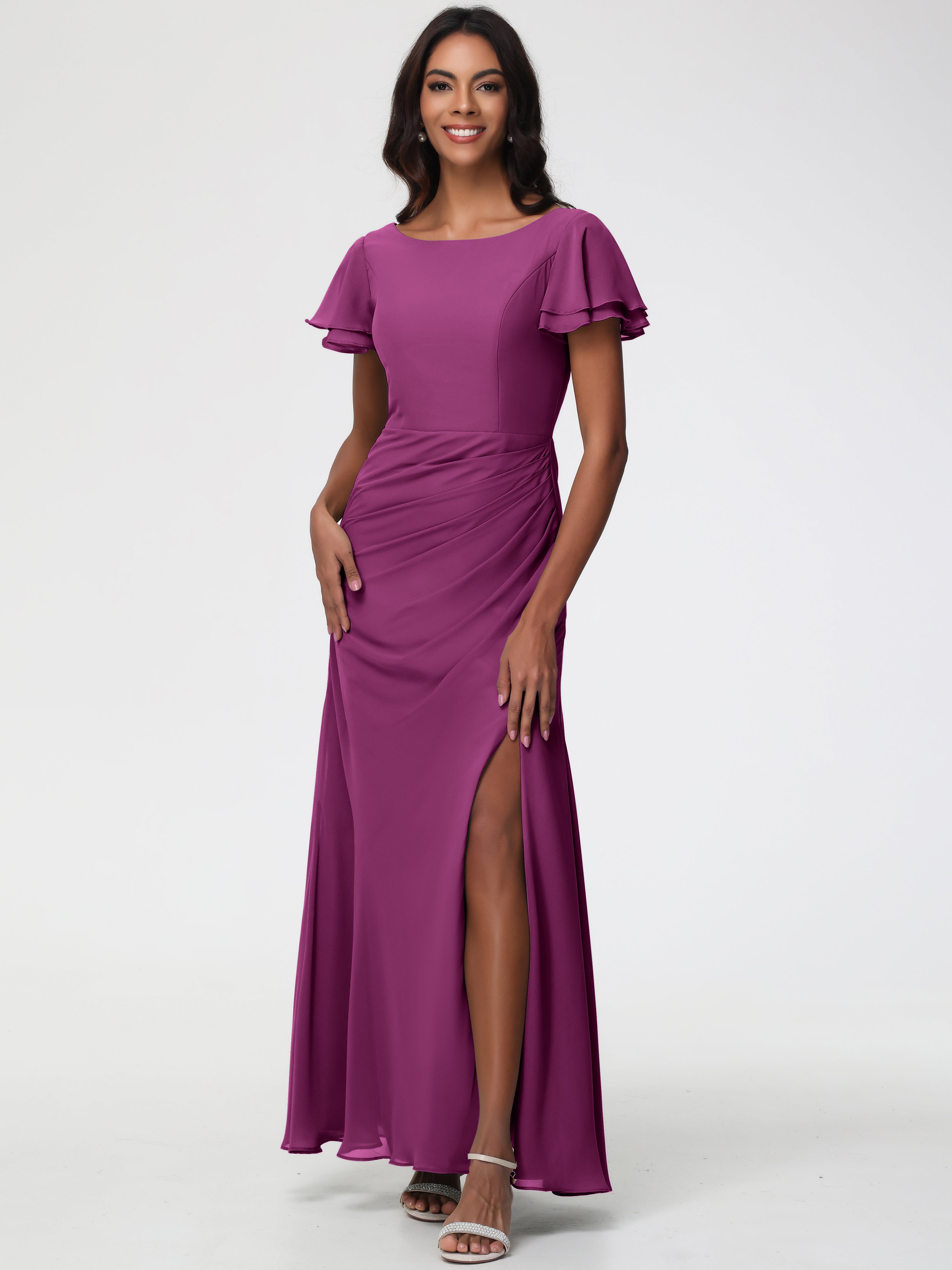 Sheath/Column Short Sleeves Split Long Chiffon Bridesmaid Dresses (Copy)